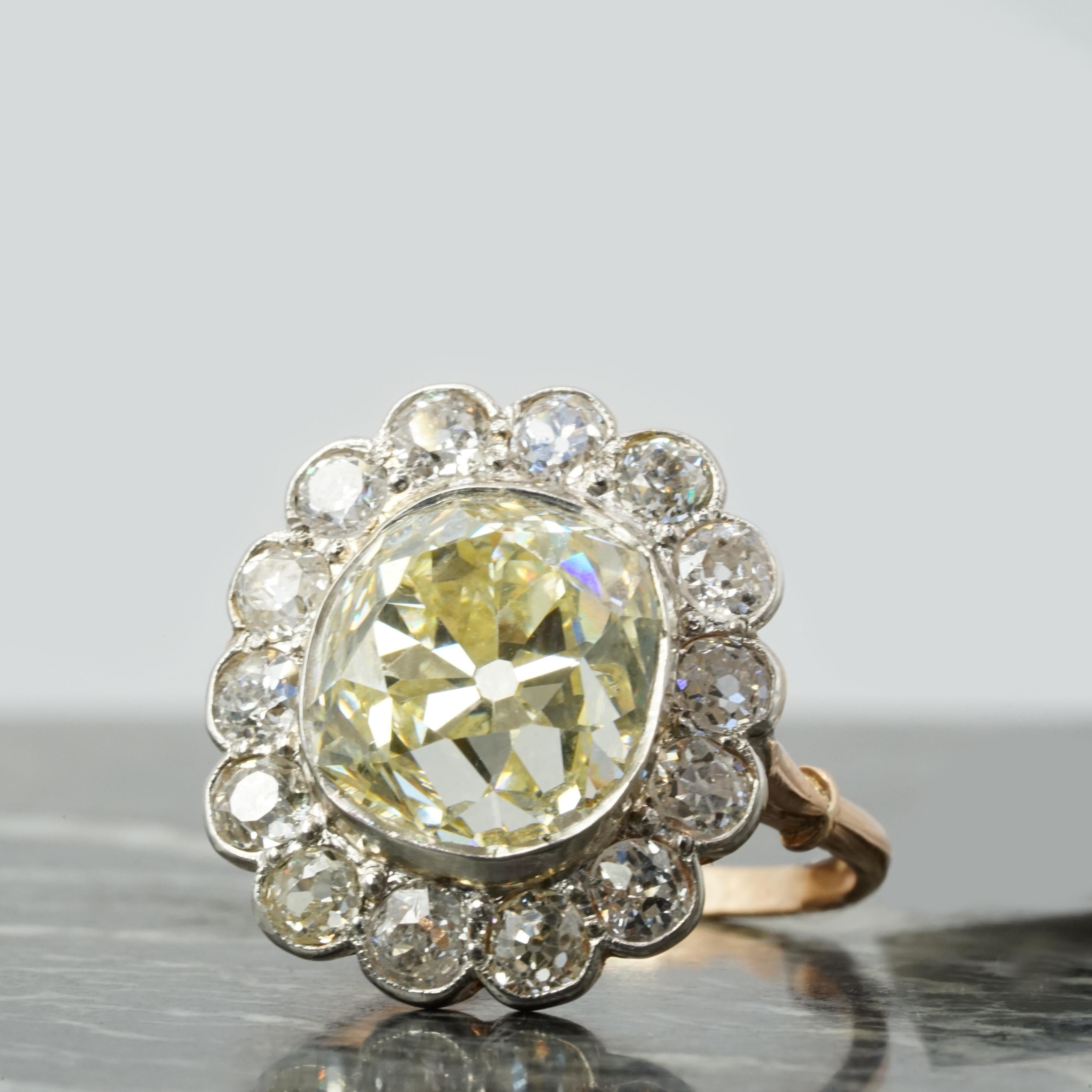 Art Deco GIA Certified 6 Carat Old Mine Cut Diamond 14k Rose Gold and Platinum Ring For Sale