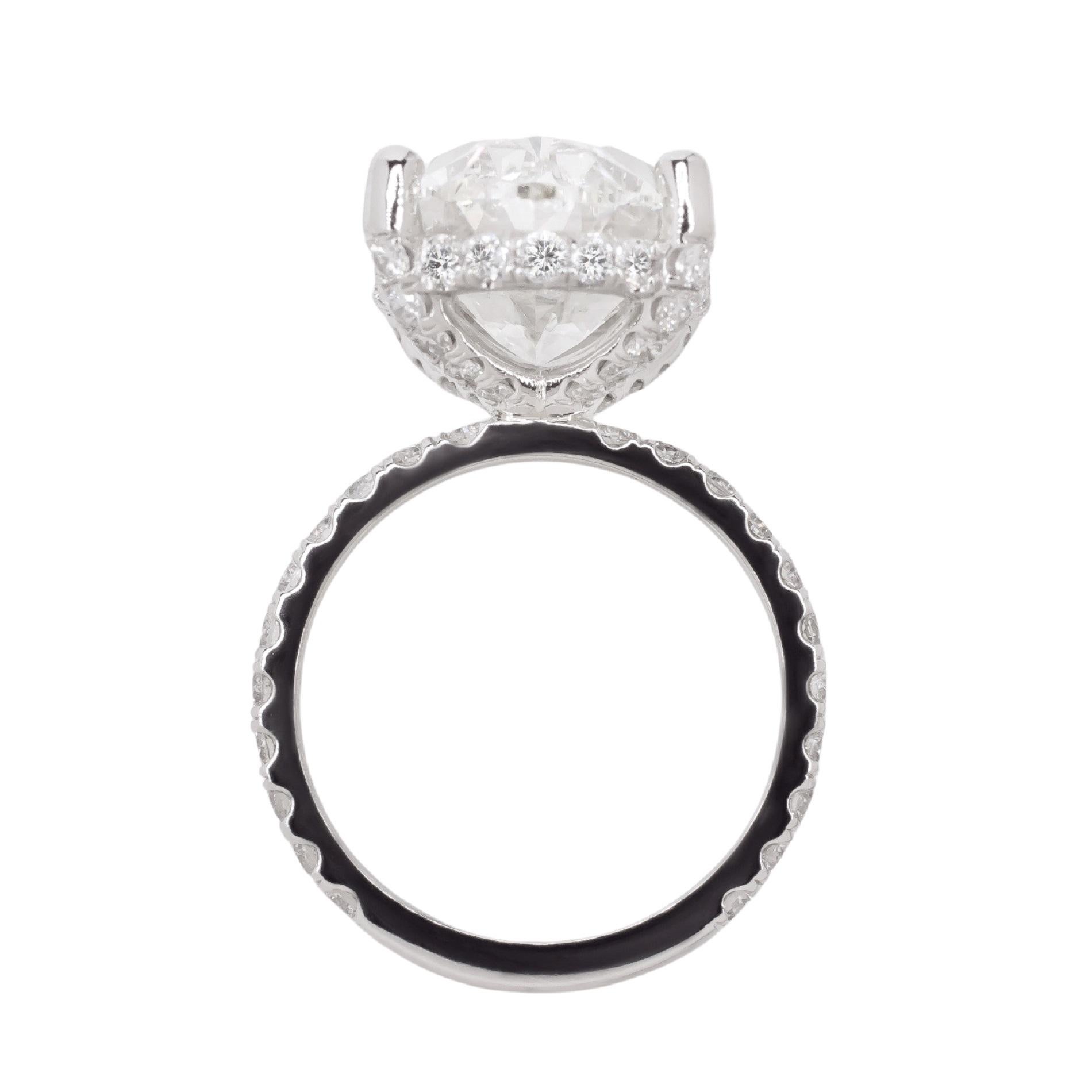 GIA Certified 6.01 Carat Oval Cut F Color Diamond Ring in In New Condition For Sale In Chicago, IL
