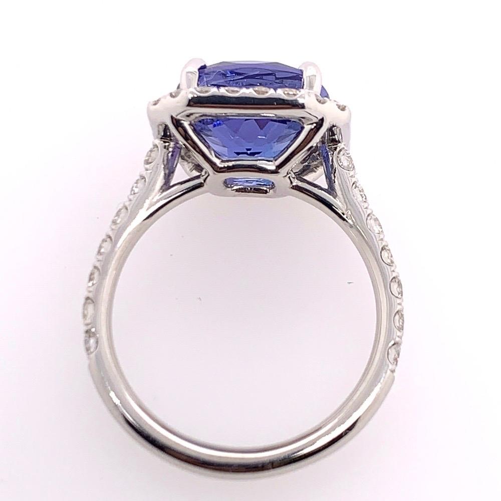 GIA Certified 6 Carat Platinum Cushion Natural Tanzanite & Diamond Cocktail Ring In Excellent Condition In Los Angeles, CA