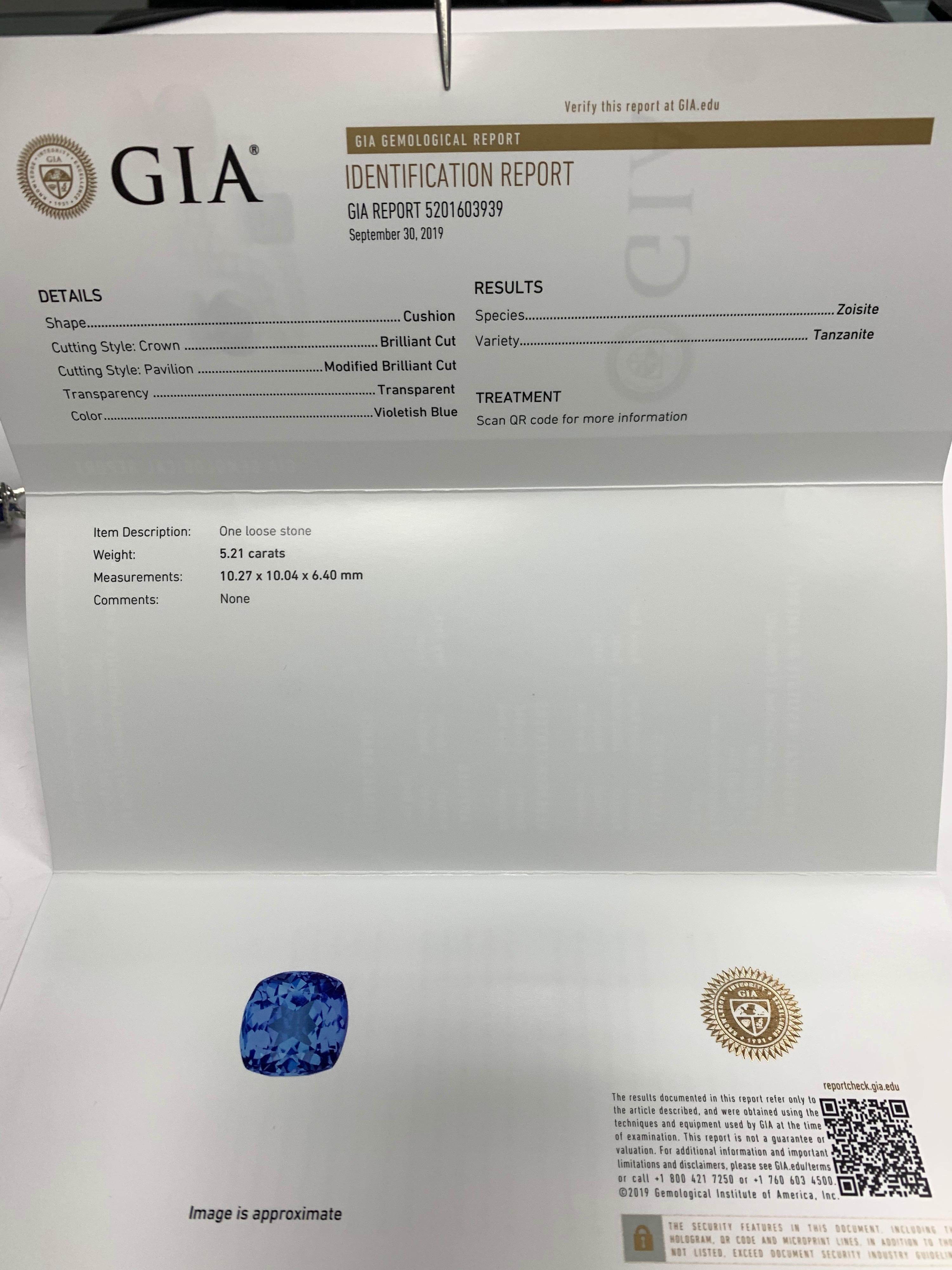 GIA Certified 6 Carat Platinum Cushion Natural Tanzanite & Diamond Cocktail Ring 1