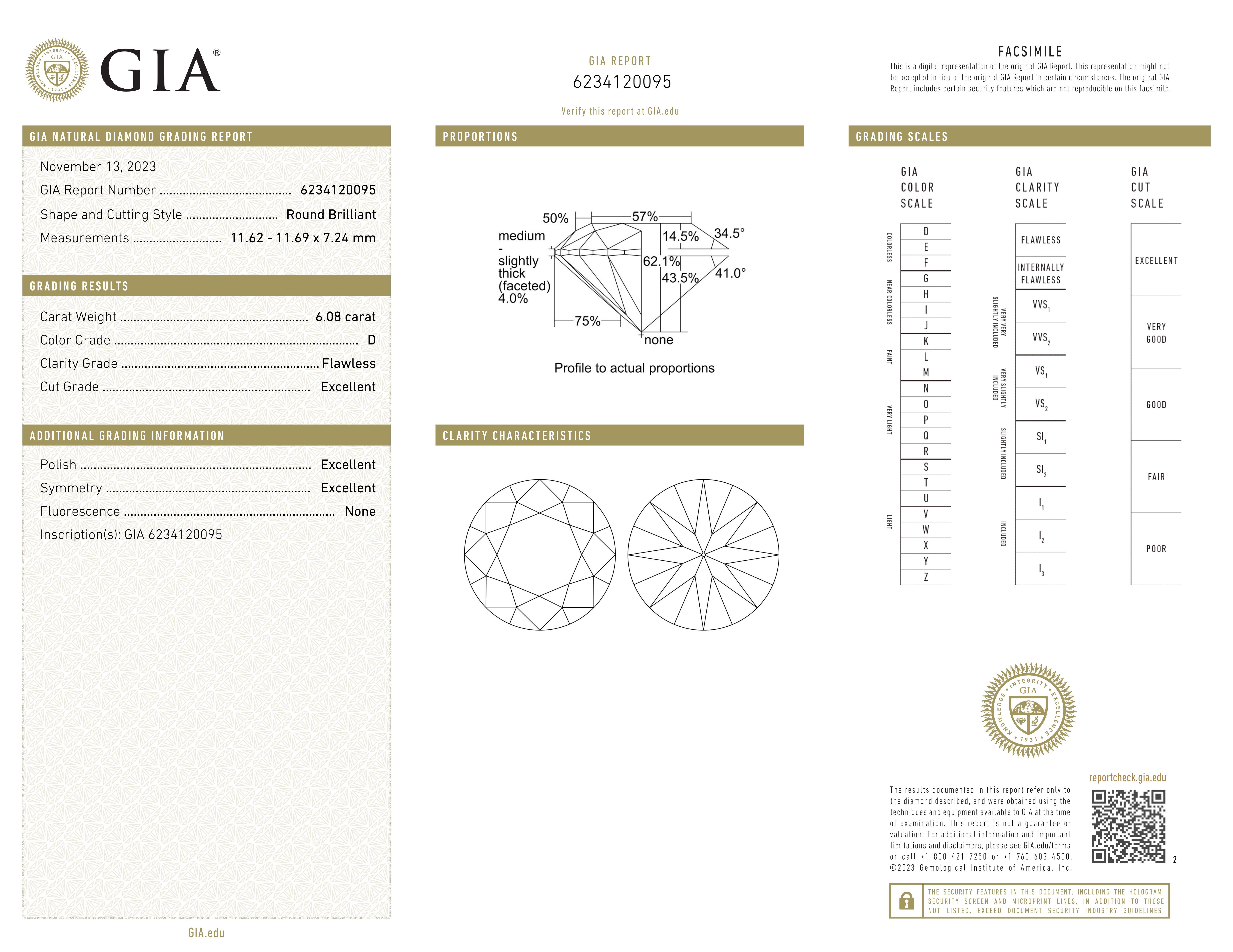 Round brilliant-cut diamond of 6 carats, round diamonds, platinum

GIA, certified 6 carats carats, d color, flawless clarity

Type IIA Golconda type diamond

