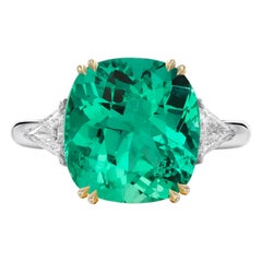 GIA Certified 6 Carat Cushion Cut Green Emerald Ring