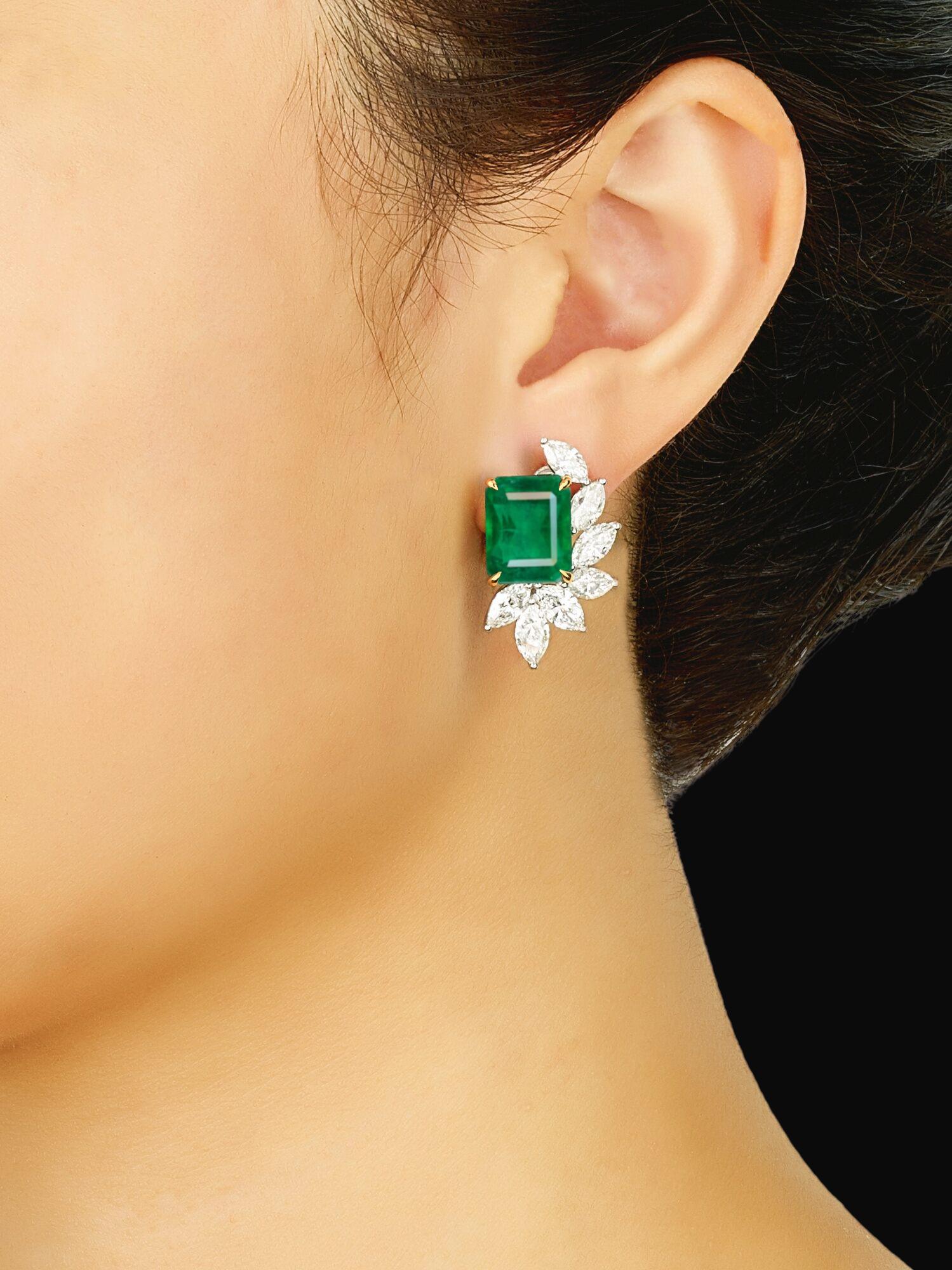 GIA and IGI Certified 7 Carat Vivid Green Emerald and Marquise Diamonds Earrings For Sale at