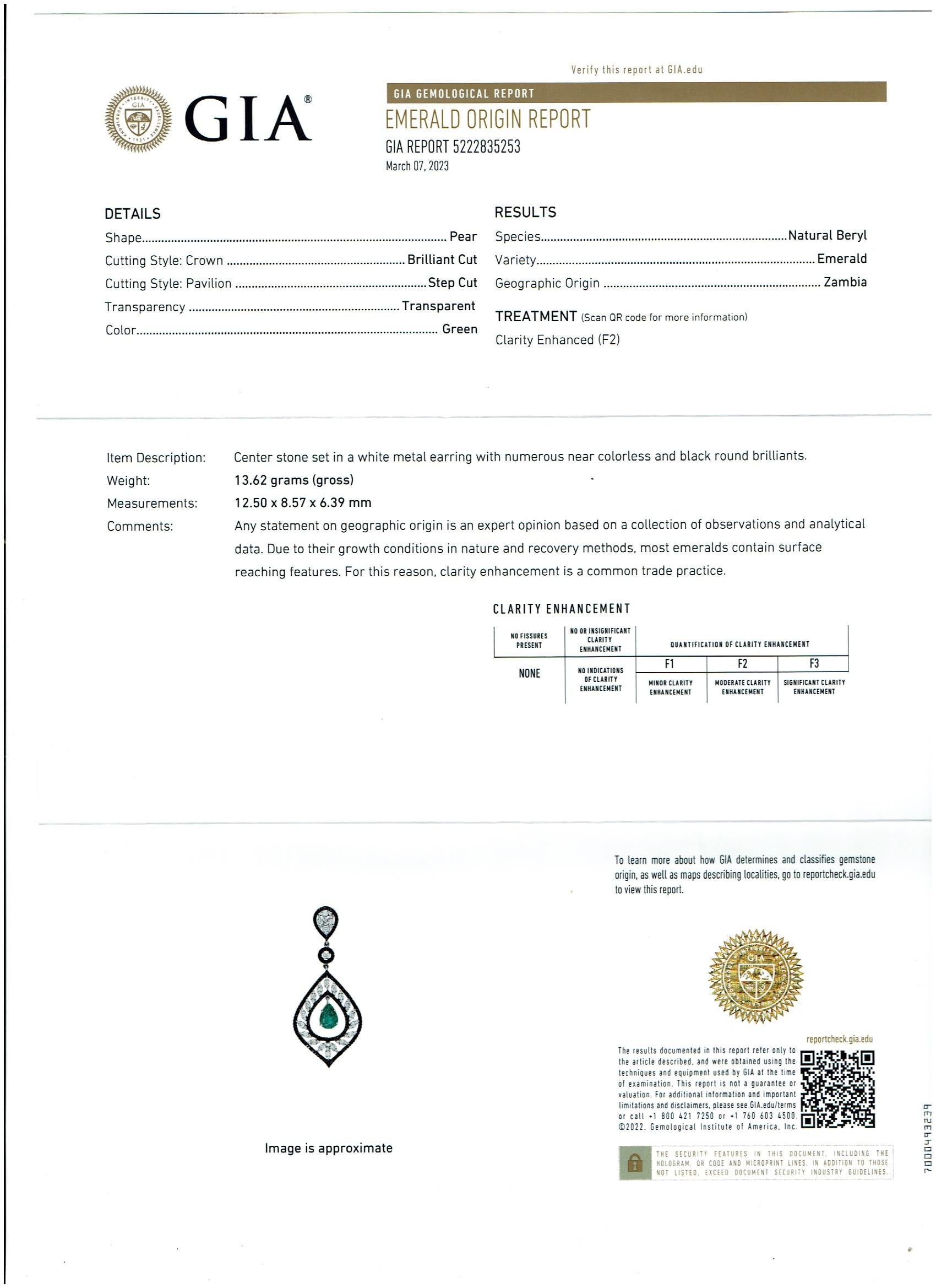 GIA Certified 6 Ct Zambian Pear Shape Emerald Diamond Drop Earrings 18Kt W Gold For Sale 10