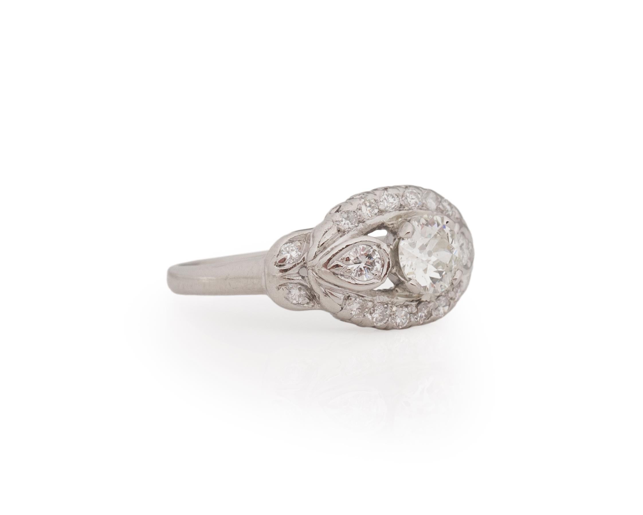 Ring Size: 7.5
Metal Type: Platinum [Hallmarked, and Tested]
Weight: 4.81 grams

Center Diamond Details:
GIA REPORT #: 2225649465
Weight: .60ct
Cut: Old European brilliant
Color: K
Clarity: I1
Measurements: 5.66mm x 5.49mm x 3.03mm

Finger to Top of