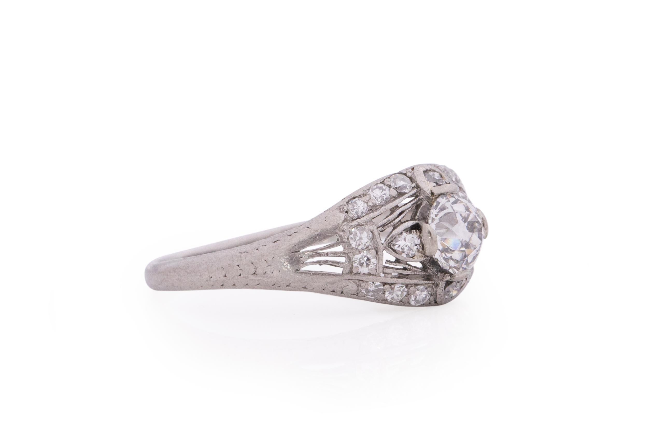 Item Details: 
Ring Size: 7
Metal Type: Platinum [Hallmarked, and Tested]
Weight: 3.0 grams

Center Diamond Details:
GIA REPORT #: 6197854523
Weight: .60 Carat
Cut: Old European brilliant
Color: H
Clarity: VS2
Measurements: 5.27x 5.23 x 3.52

Side