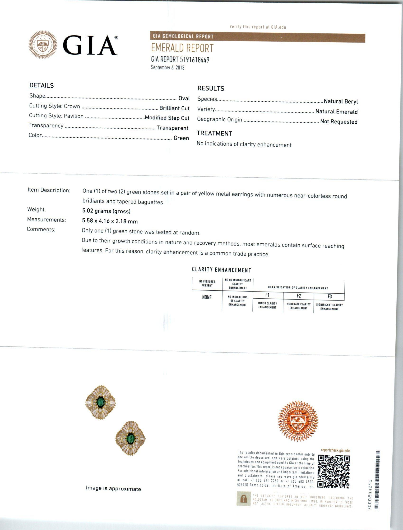 GIA Certified .60 Carat Emerald Diamond Gold Ballerina Style Earrings 1