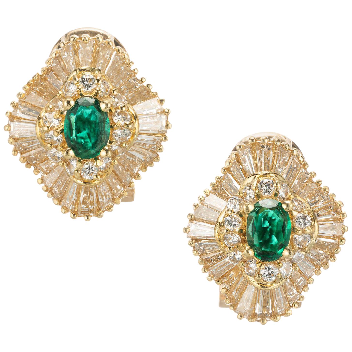 GIA Certified .60 Carat Emerald Diamond Gold Ballerina Style Earrings