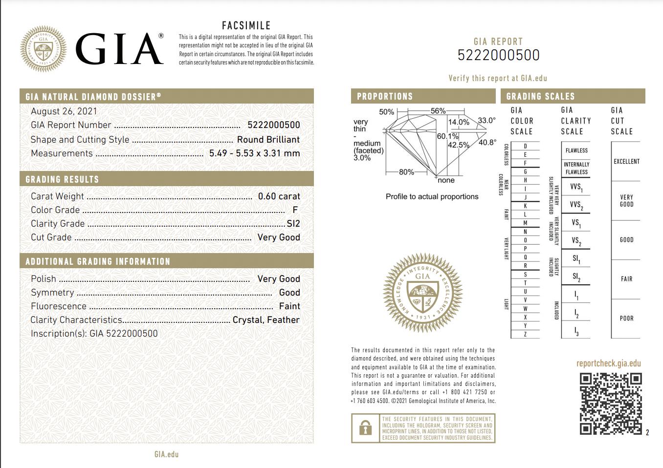 Round Cut GIA Certified .60 Carat F SI2 Round Brilliant Natural Diamond Engagement Ring For Sale