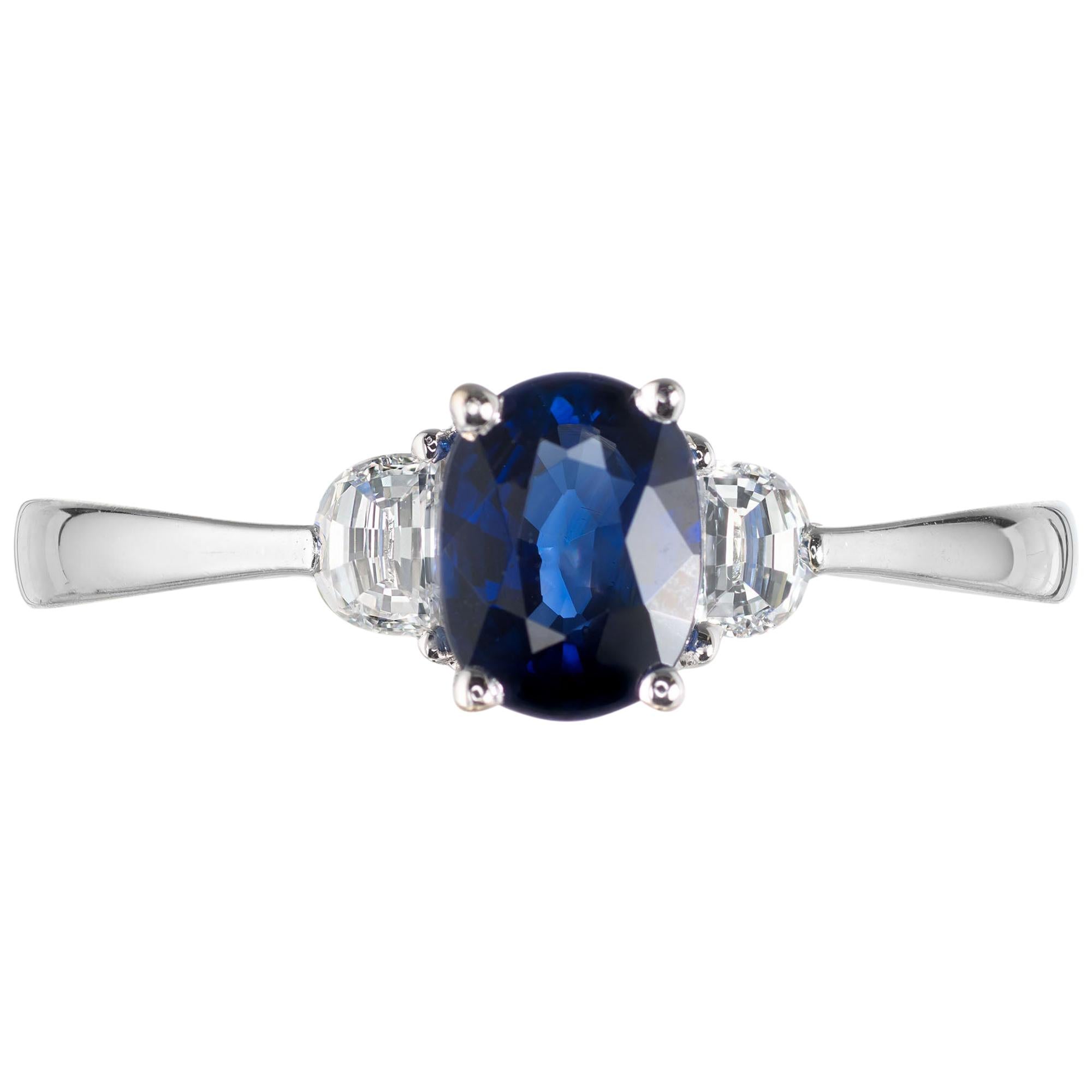 GIA Certified .60 Carat Oval Sapphire Diamond Three-Stone Gold Engagement Ring For Sale