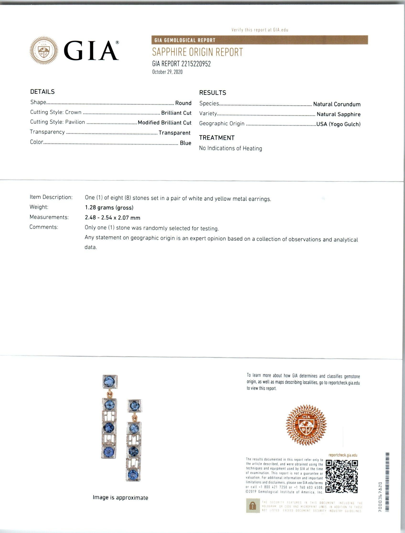 GIA Certified .60 Carat Yogo Gultch Montana Blue Sapphire Two-Tone Gold Earrings 1
