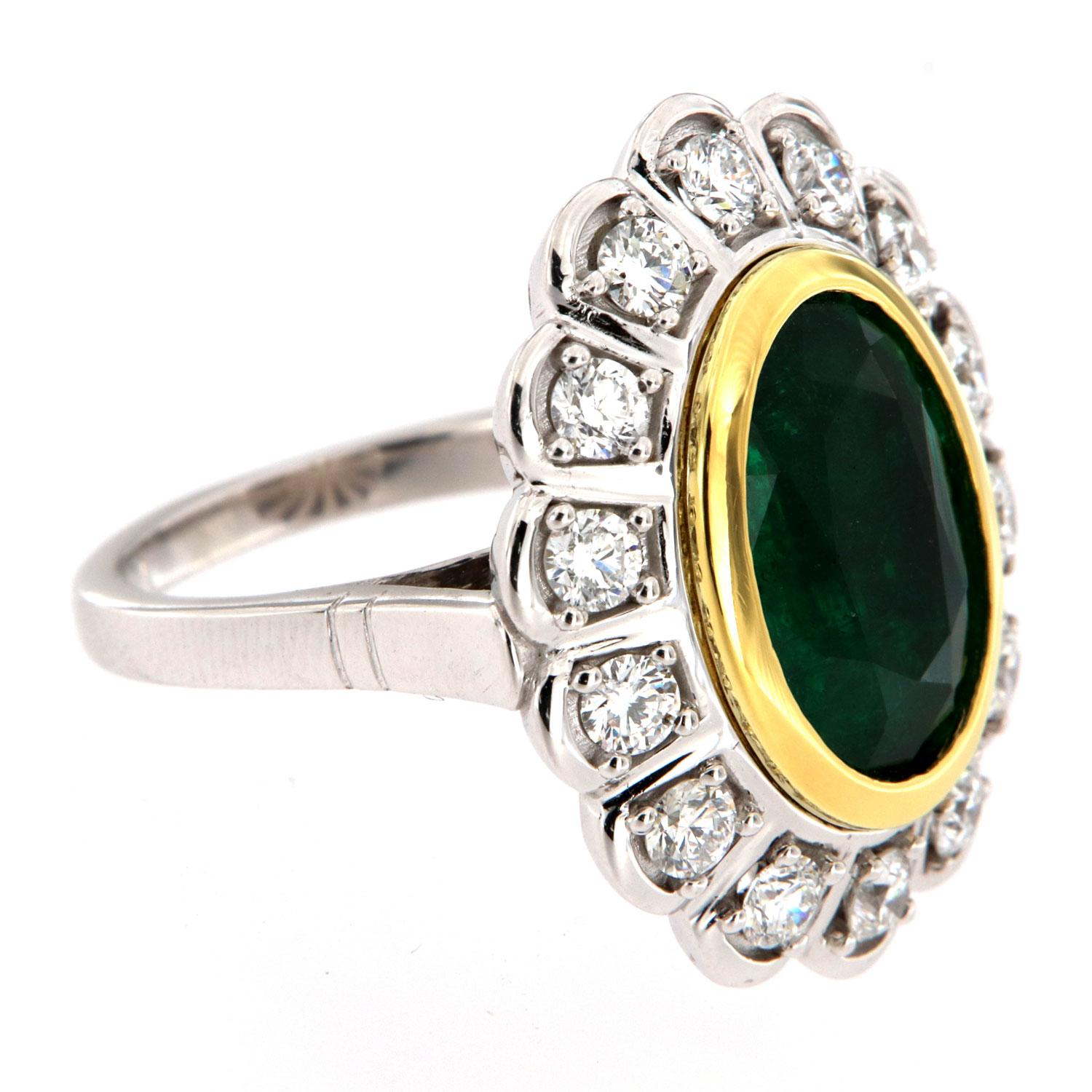 Victorian GIA Certified 6.00 Carat Oval Green Emerald 18K White & Yellow Gold Diamond Ring For Sale