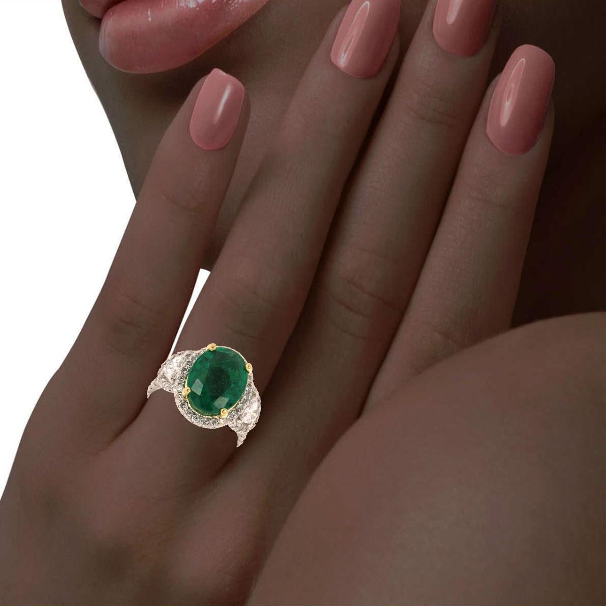 Women's GIA Certified 6.00 Carat Oval Green Emerald Halo Half Moon Diamond Ring. For Sale