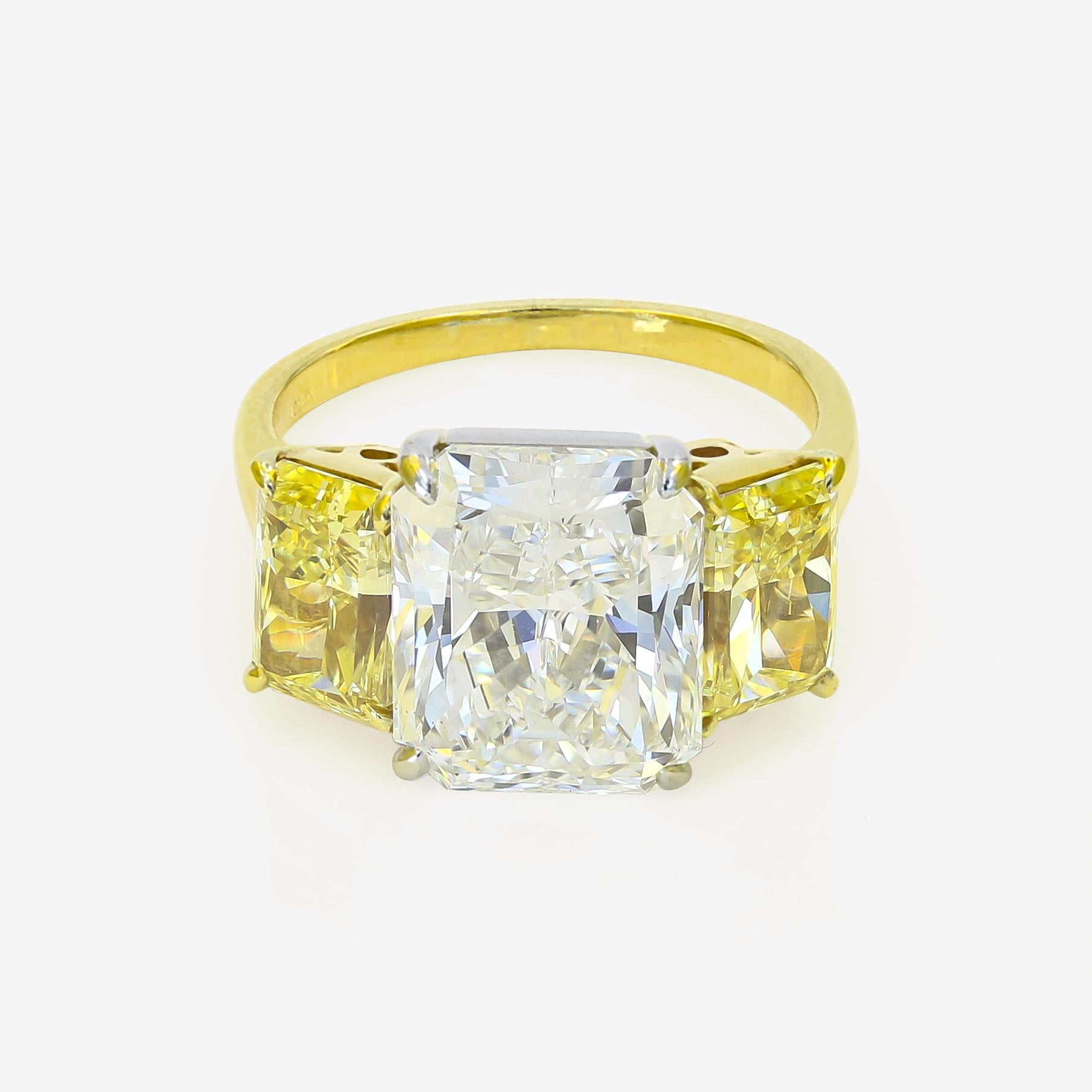 Contemporary GIA Certified 6.00cts. Radiant Cut and Two Fancy Yellow Radiant Cut Diamond Ring