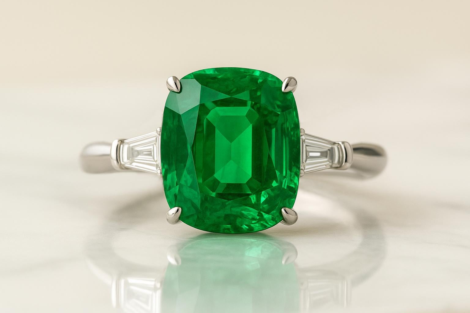 Cette bague sophistiquée à trois pierres est centrée sur une superbe émeraude de 6,01 carats de taille coussin, certifiée par le GIA, d'une riche teinte verte vibrante et d'une transparence exceptionnelle. Mesurant 12,39 x 10,75 mm, l'émeraude