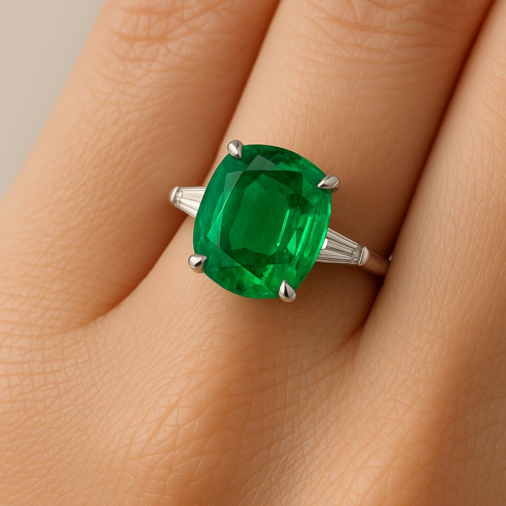 Taille coussin Bague en platine à trois pierres, certifiée GIA, émeraude de 6,01 carats à taille coussin en vente