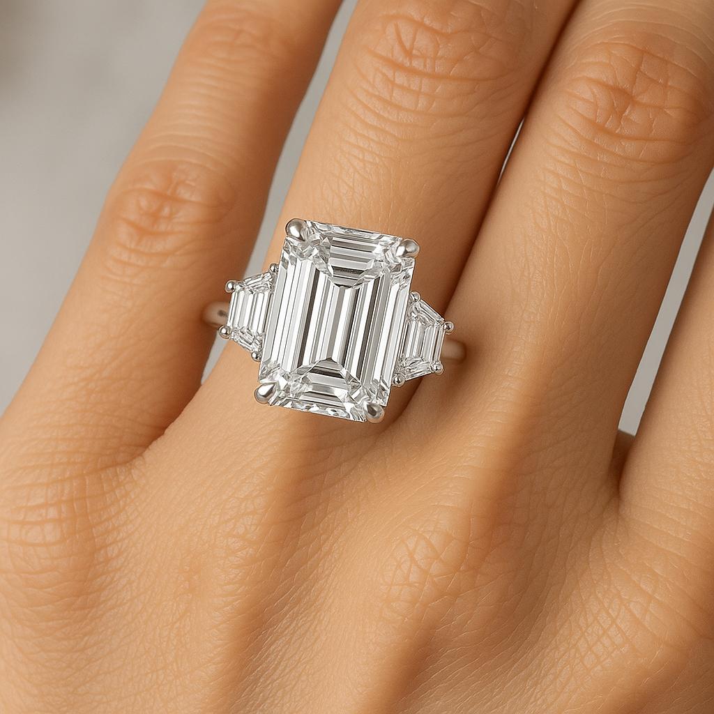 Capolavoro di eleganza architettonica e raffinatezza senza tempo, questo straordinario anello a tre pietre sfoggia un diamante taglio smeraldo da 6,01 carati certificato GIA di qualità eccezionale. Classificata di colore F e purezza VS2, la pietra