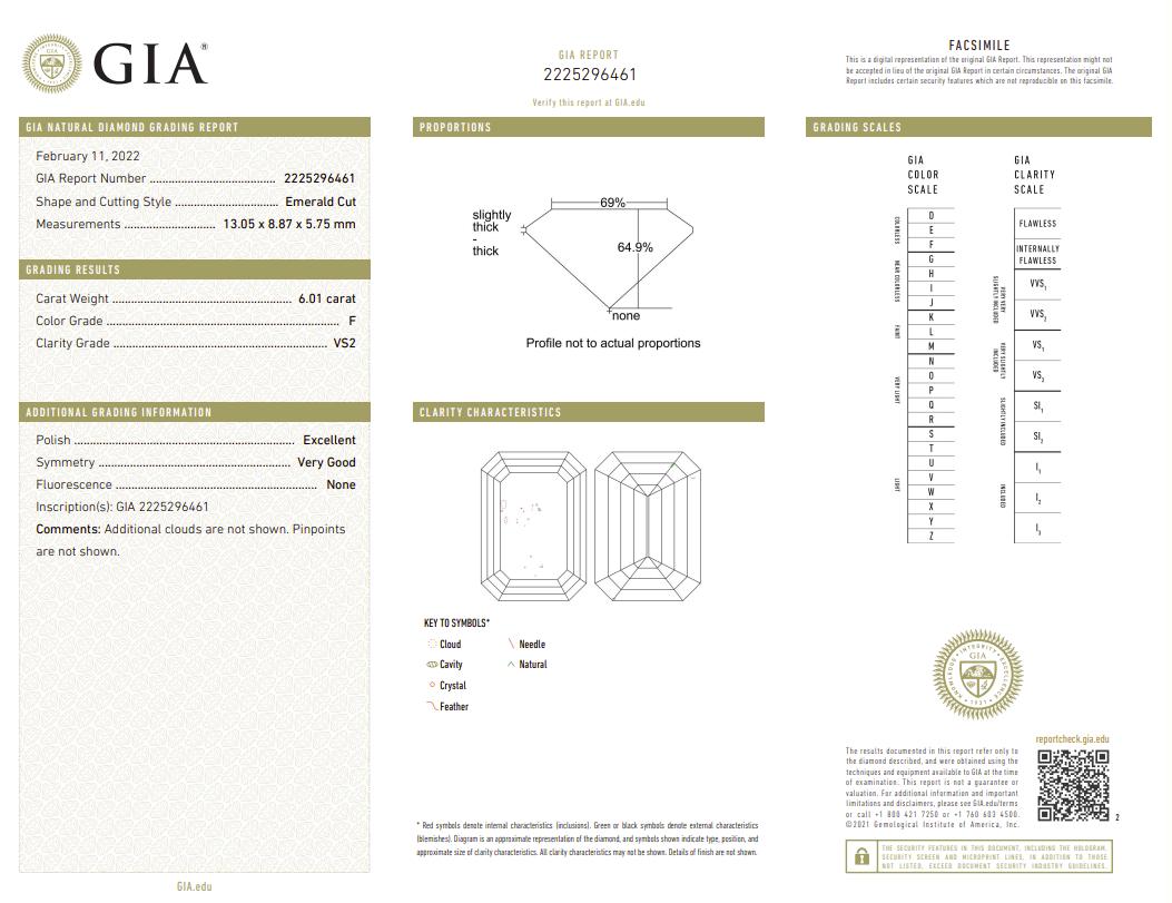 Contemporaneo Anello di fidanzamento con diamante taglio smeraldo certificato GIA da 6,01 carati F VS2 in vendita
