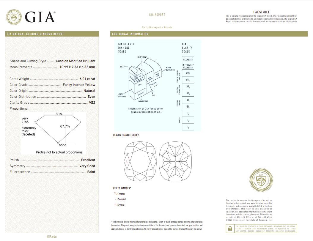 Cushion Cut GIA Certified 6.01 Carat Fancy Intense Yellow Cushion Diamond Yellow Gold Ring For Sale
