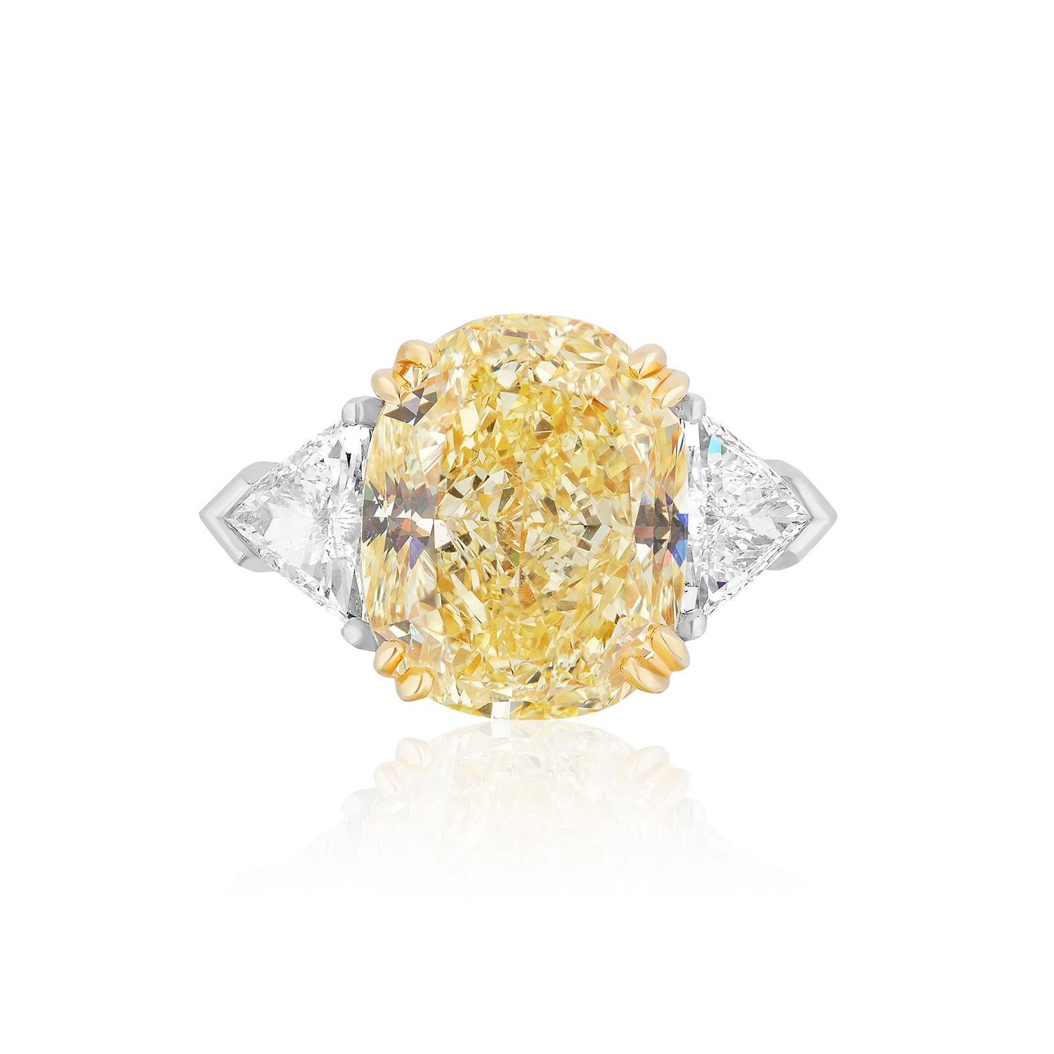 Radiant Cut GIA Certified 6.01 Carat Fancy Yellow Cushion Cut Diamond Ring For Sale