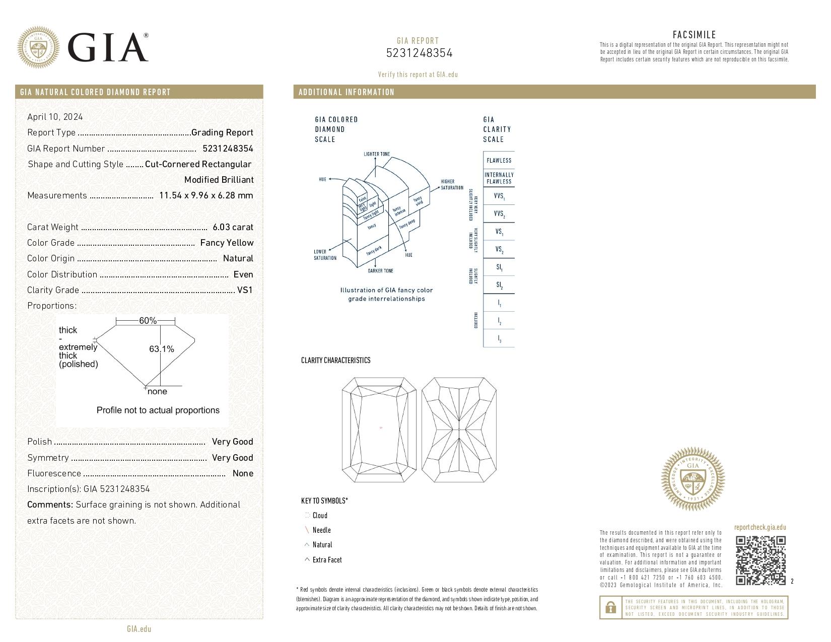 Taglio radiant Anello con diamante Fancy Yellow VS1 certificato GIA da 6,01 carati in oro giallo 18 carati in vendita