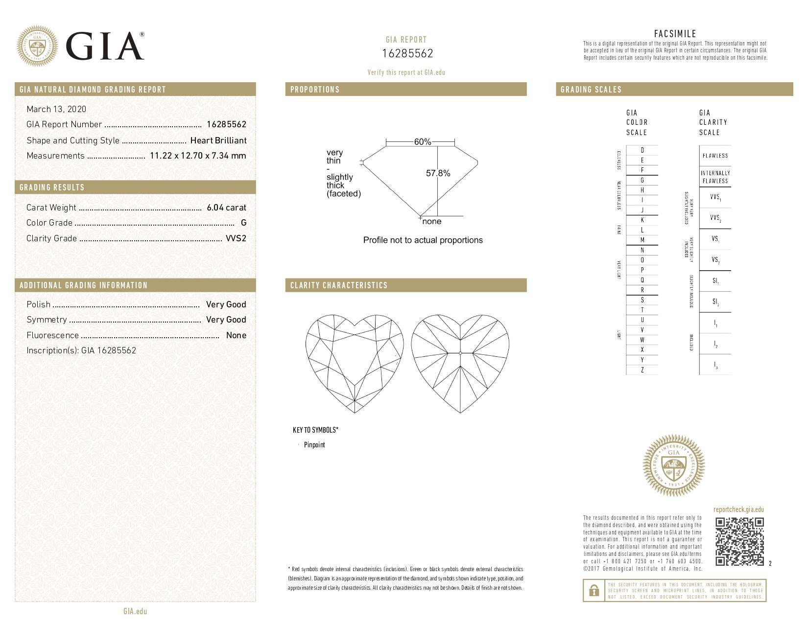 Collar colgante de diamantes talla corazón de 6,01 quilates certificado por el GIA Corte de corazón en venta