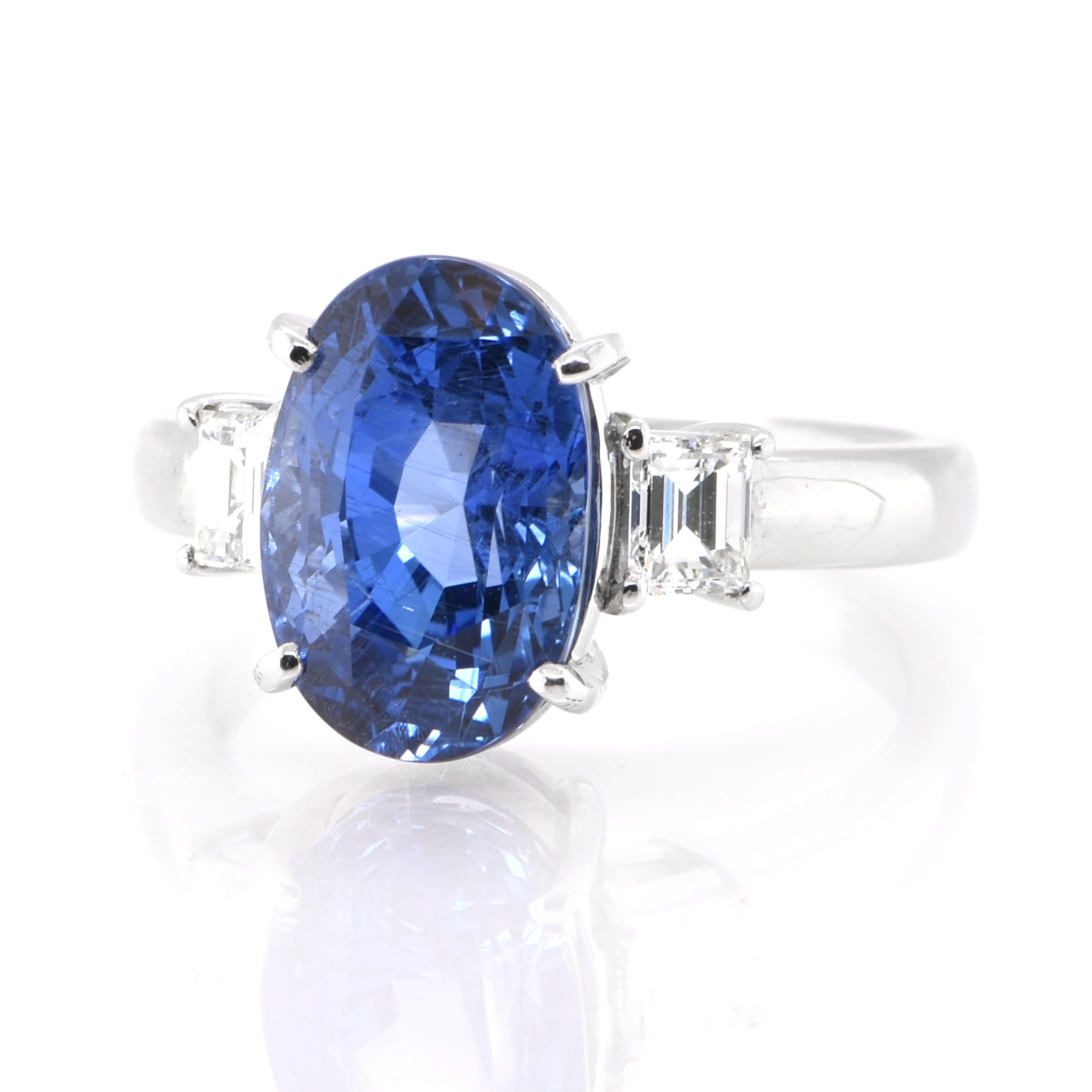 A beautiful ring featuring GIA Certified 6.01 Carat Natural Burmese, Unheated Sapphire and 0.50 Carats Diamond Accents set in Platinum. Sapphires have extraordinary durability - they excel in hardness as well as toughness and durability making them