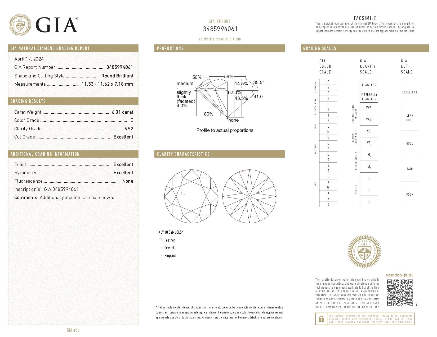 Taille ronde Bague de couleur E avec diamant taille ronde certifié GIA de 6,01 carats et baguette effilée en vente