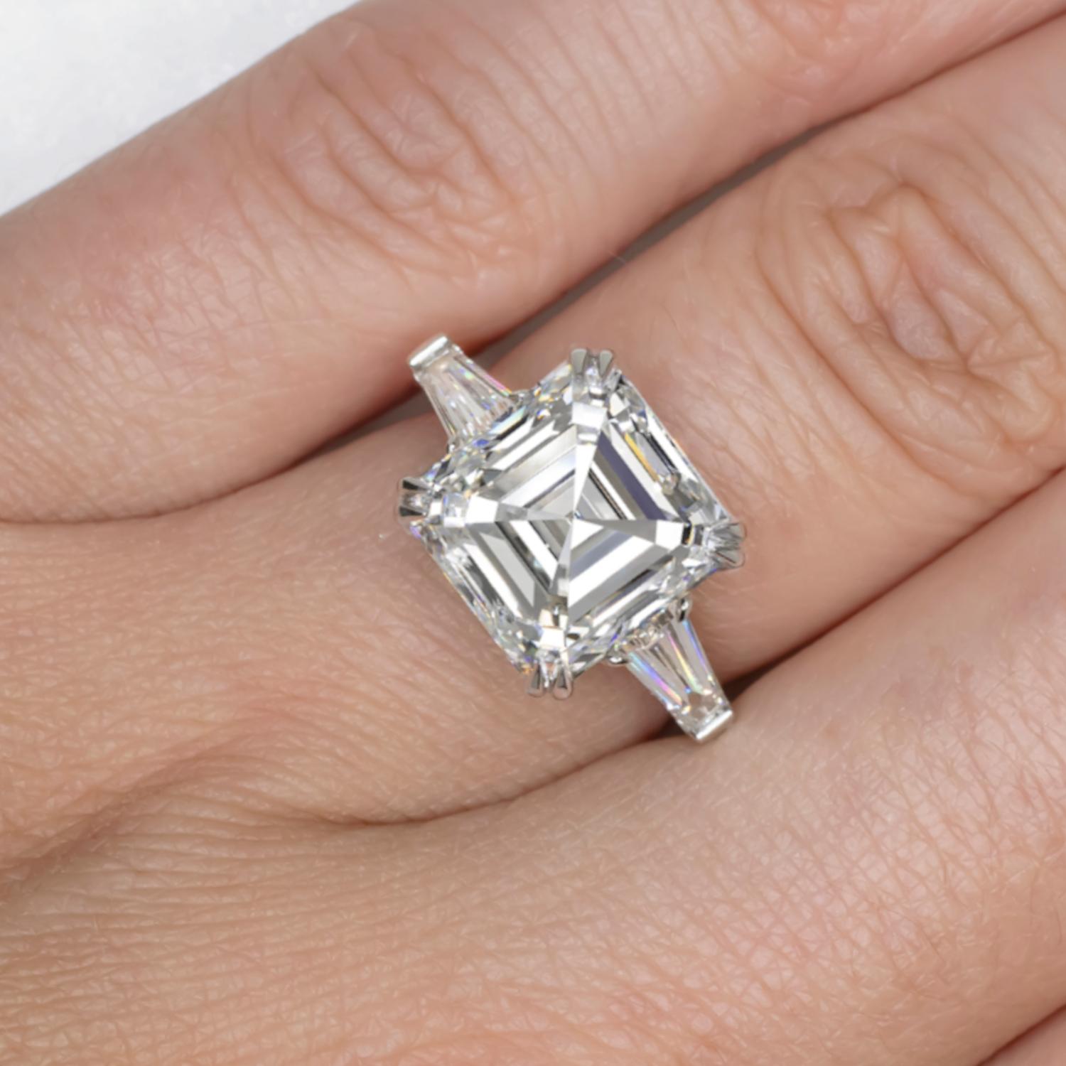Asscher Cut GIA Certified 6.01 Carat Square Emerald Cut Diamond Ring in Platinum For Sale