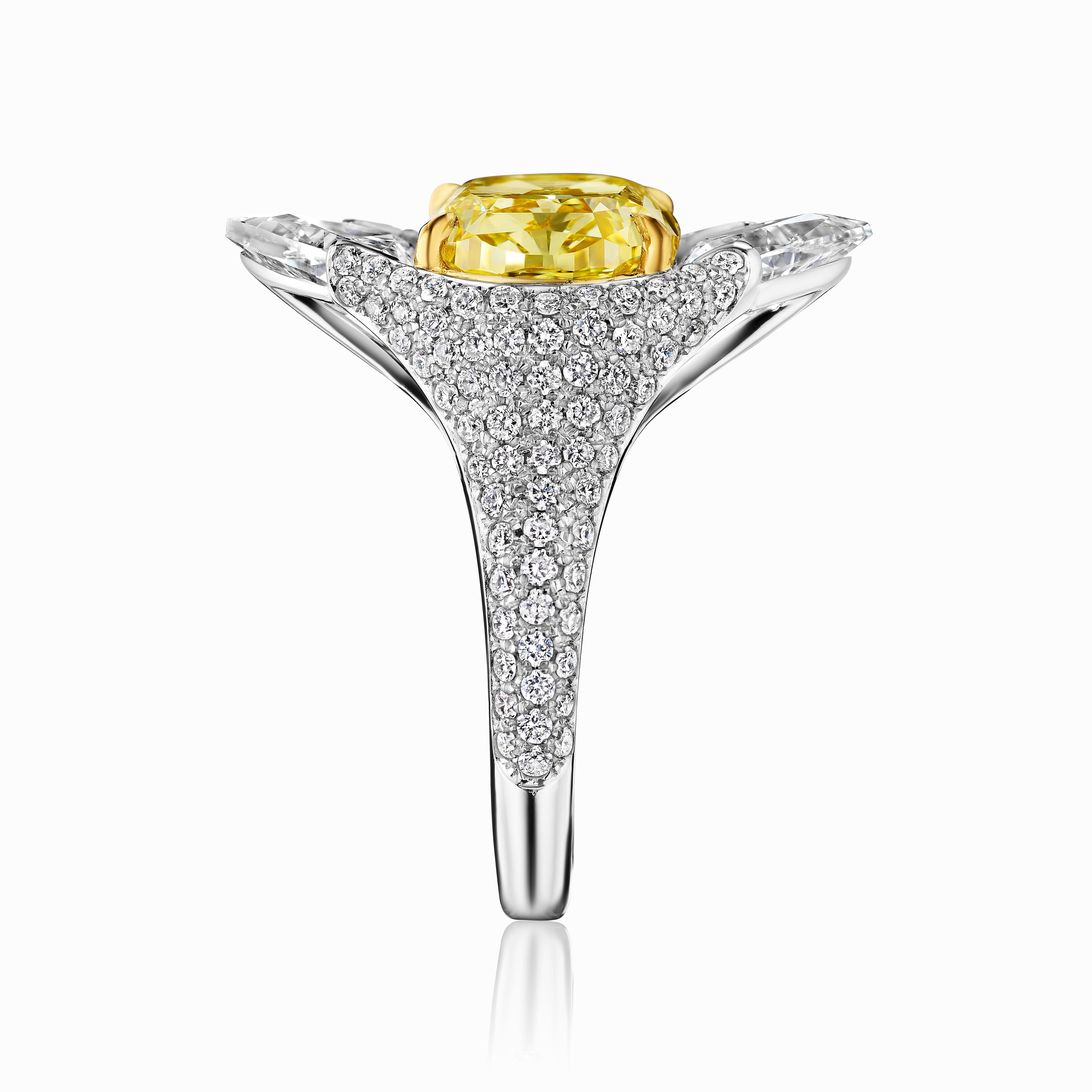 Radiant Cut GIA Certified 6.01 Carat Yellow Diamond and Triangle Statement Ring For Sale