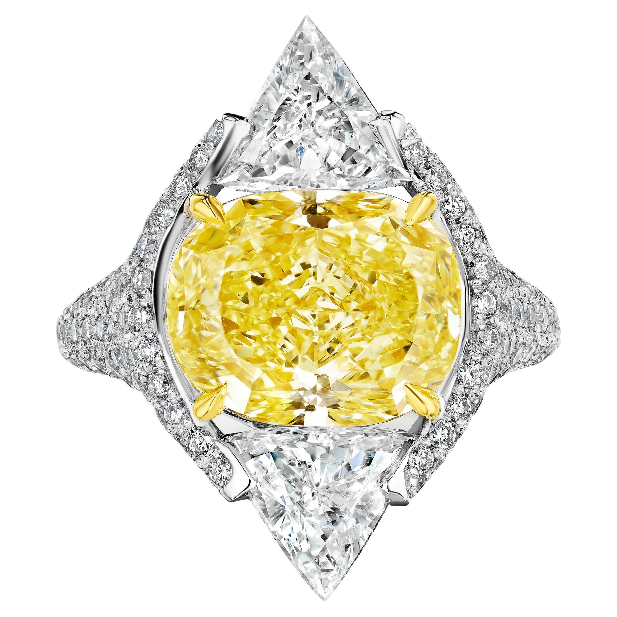 GIA Certified 6.01 Carat Yellow Diamond and Triangle Statement Ring For Sale
