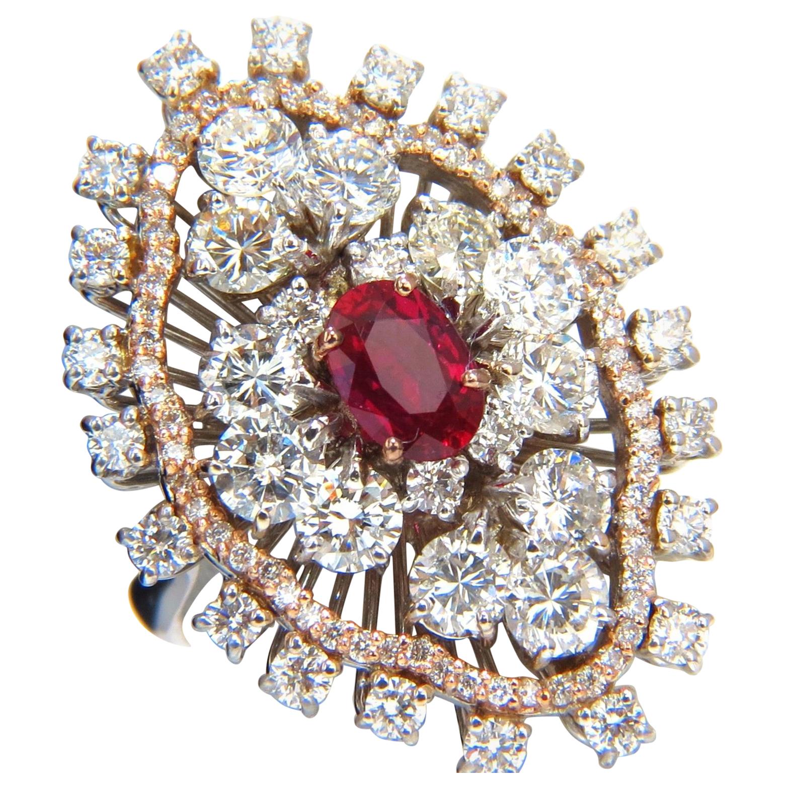 GIA Certified 6.01ct natural no heat supreme red ruby diamonds cluster ring 18kt For Sale