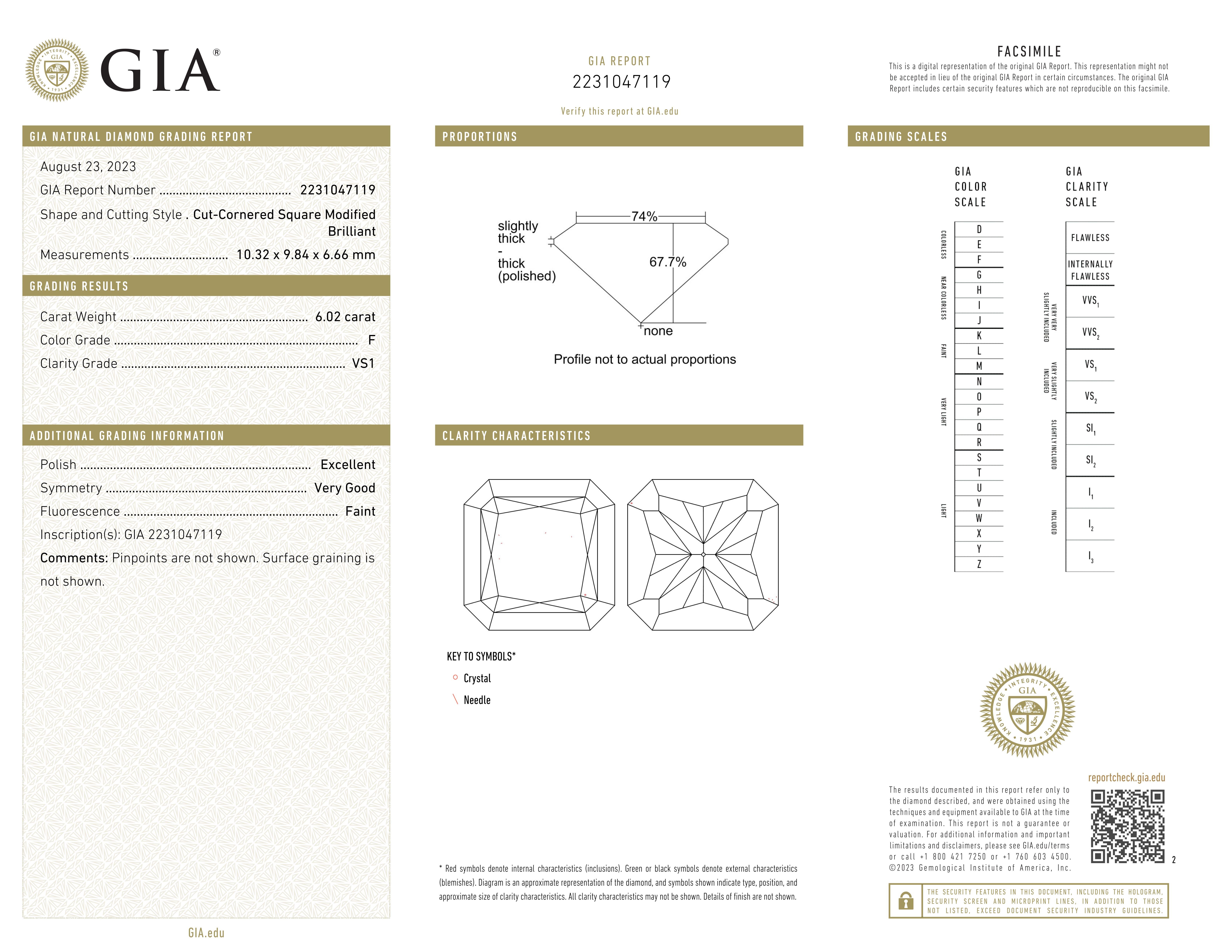 Taille radiant Bague à diamant carré de 6,02 carats F VS1 certifié par le GIA en vente