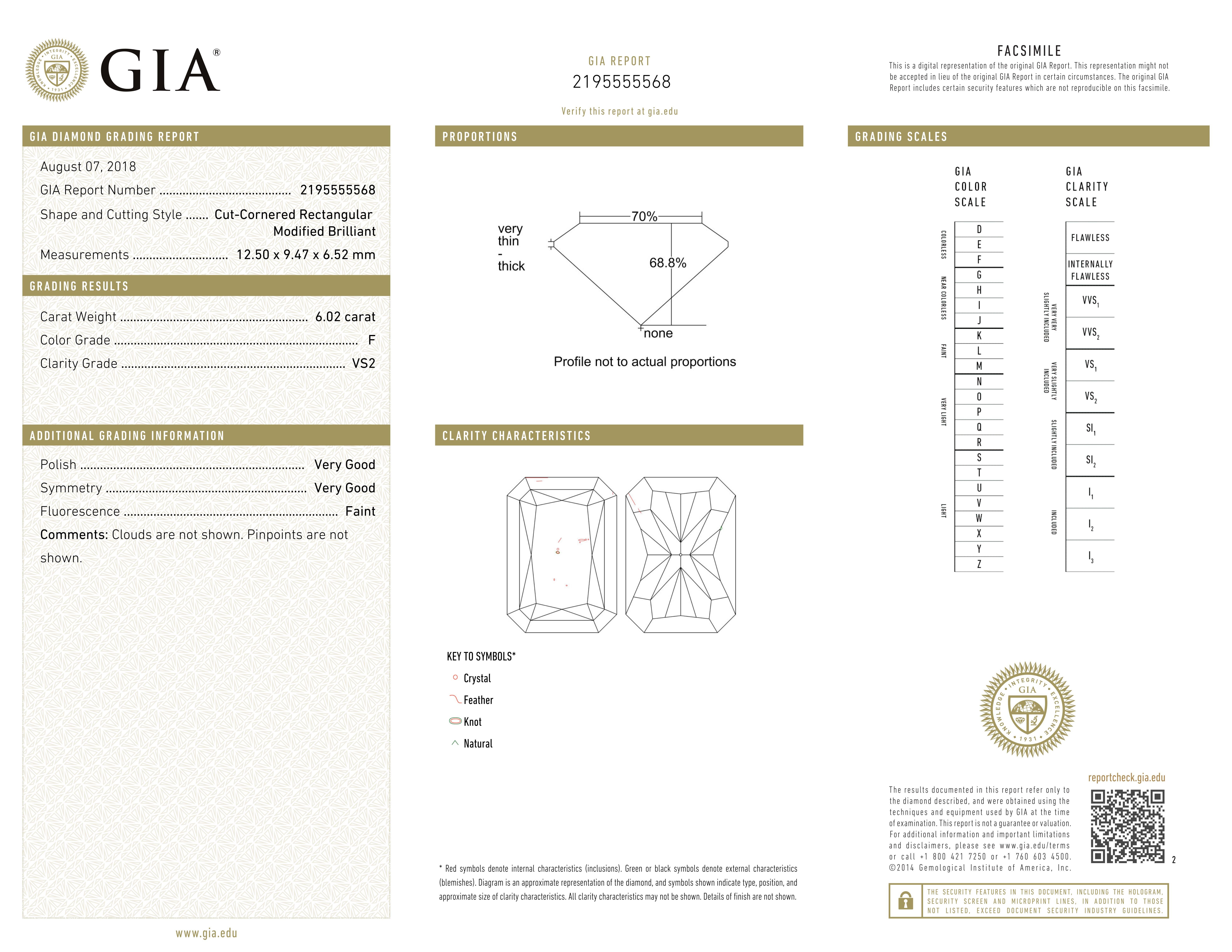GIA zertifizierter 6,02 Karat F/VS2 Rechteckiger Modifizierter Brillant Diamantring im Angebot 1