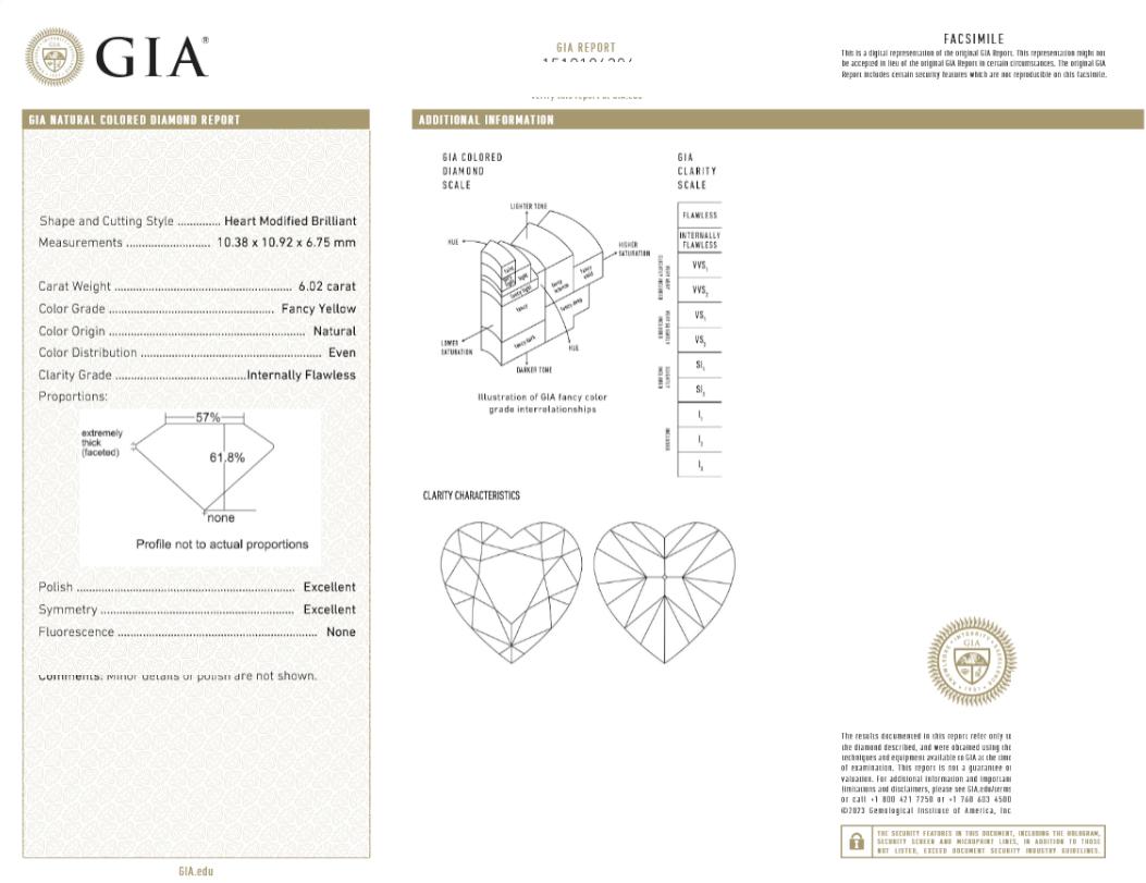 Bague avec diamant jaune fantaisie en forme de cœur de 6,02 carats certifié GIA Neuf - En vente à Chicago, IL