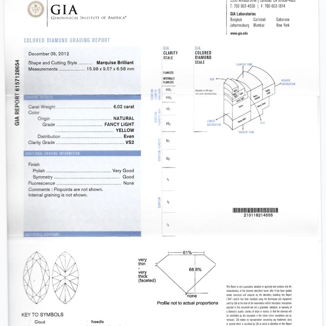 GIA Certified 6.02 Carat Marquise Shape Fancy Light Yellow Diamond Cocktail Ring For Sale 13