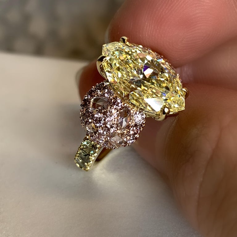 GIA Certified 6.02 Carat Marquise Shape Fancy Yellow Diamond Cocktail Ring For Sale 1