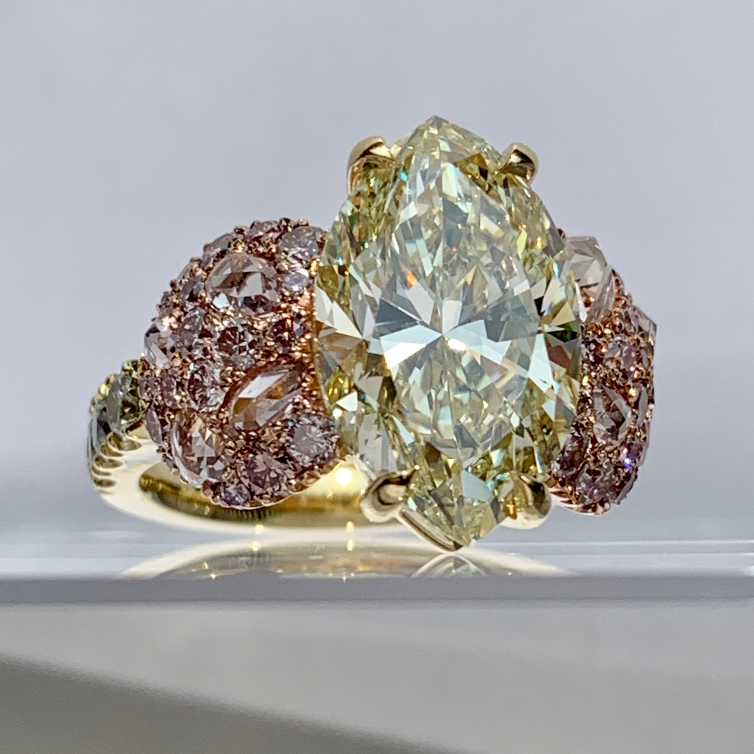 GIA Certified 6.02 Carat Marquise Shape Fancy Yellow Diamond Cocktail Ring 3