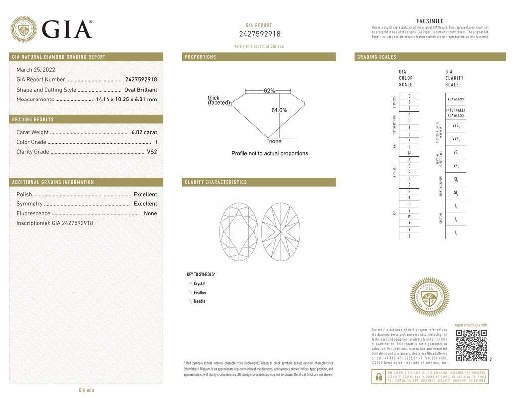 Contemporaneo Anello con diamante solitario ovale a quattro punte in oro bianco 18 carati certificato GIA da 6,02 carati in vendita