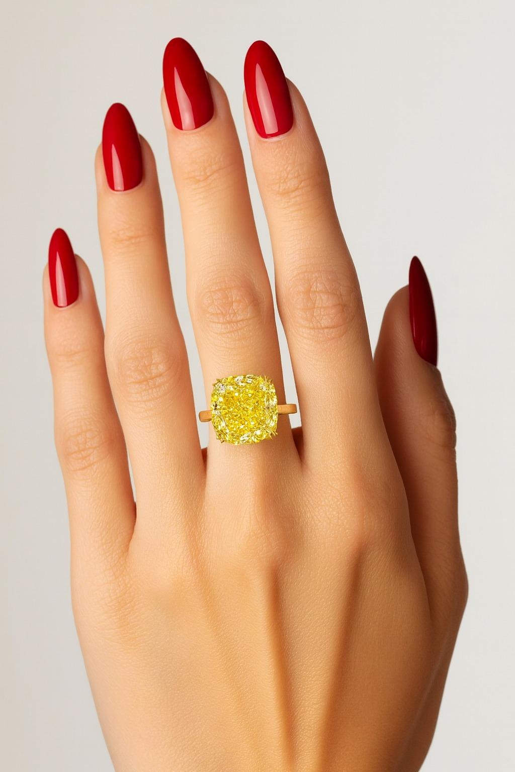 Anello con diamante Brilliante Modificato a Cuscino Giallo Intenso da 6,03 Carati certificato GIA in oro giallo 18K

Questo squisito anello presenta un diamante Brilliante modificato a cuscino da 6,03 carati, certificato da GIA. Il diamante mostra