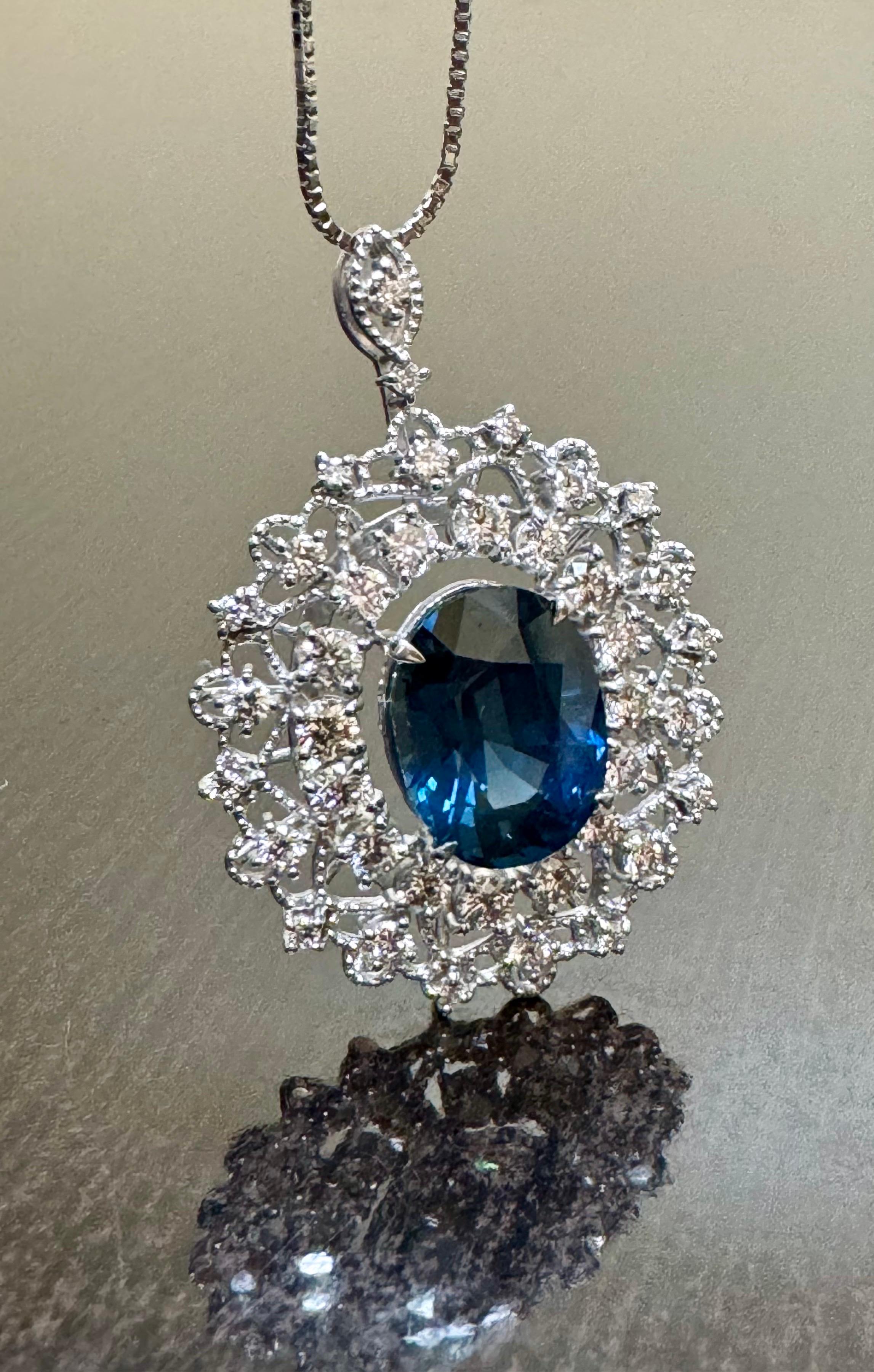 GIA Certified 6.03 Carat Oval Blue Sapphire Platinum Diamond Necklace For Sale 4