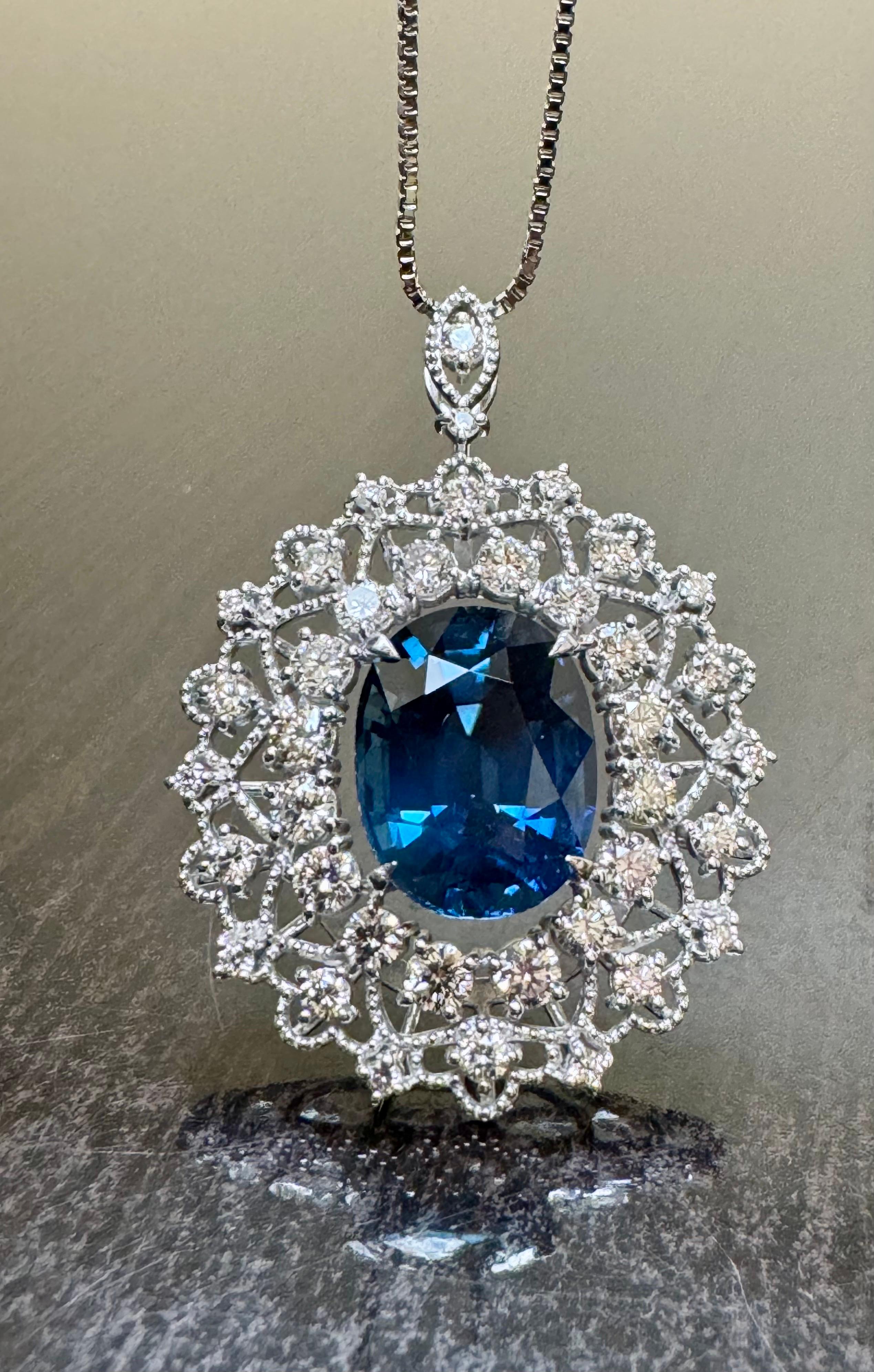 GIA Certified 6.03 Carat Oval Blue Sapphire Platinum Diamond Necklace For Sale 5