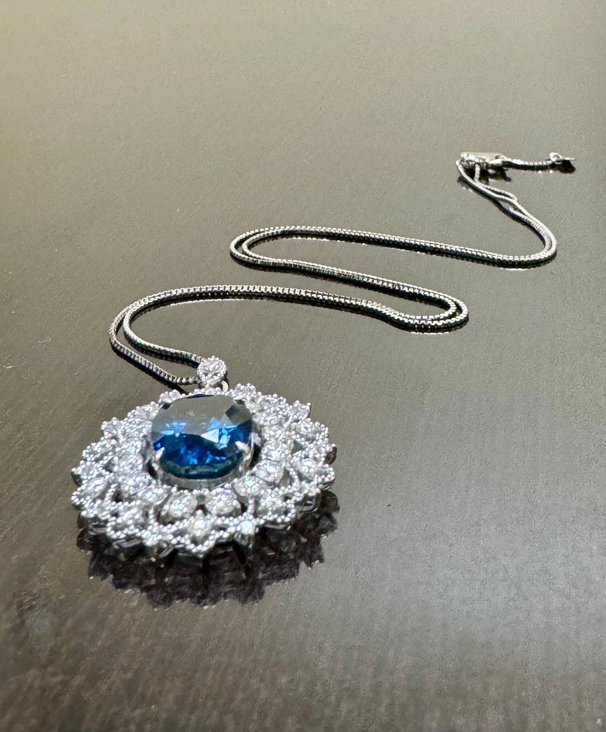 GIA Certified 6.03 Carat Oval Blue Sapphire Platinum Diamond Necklace For Sale 7