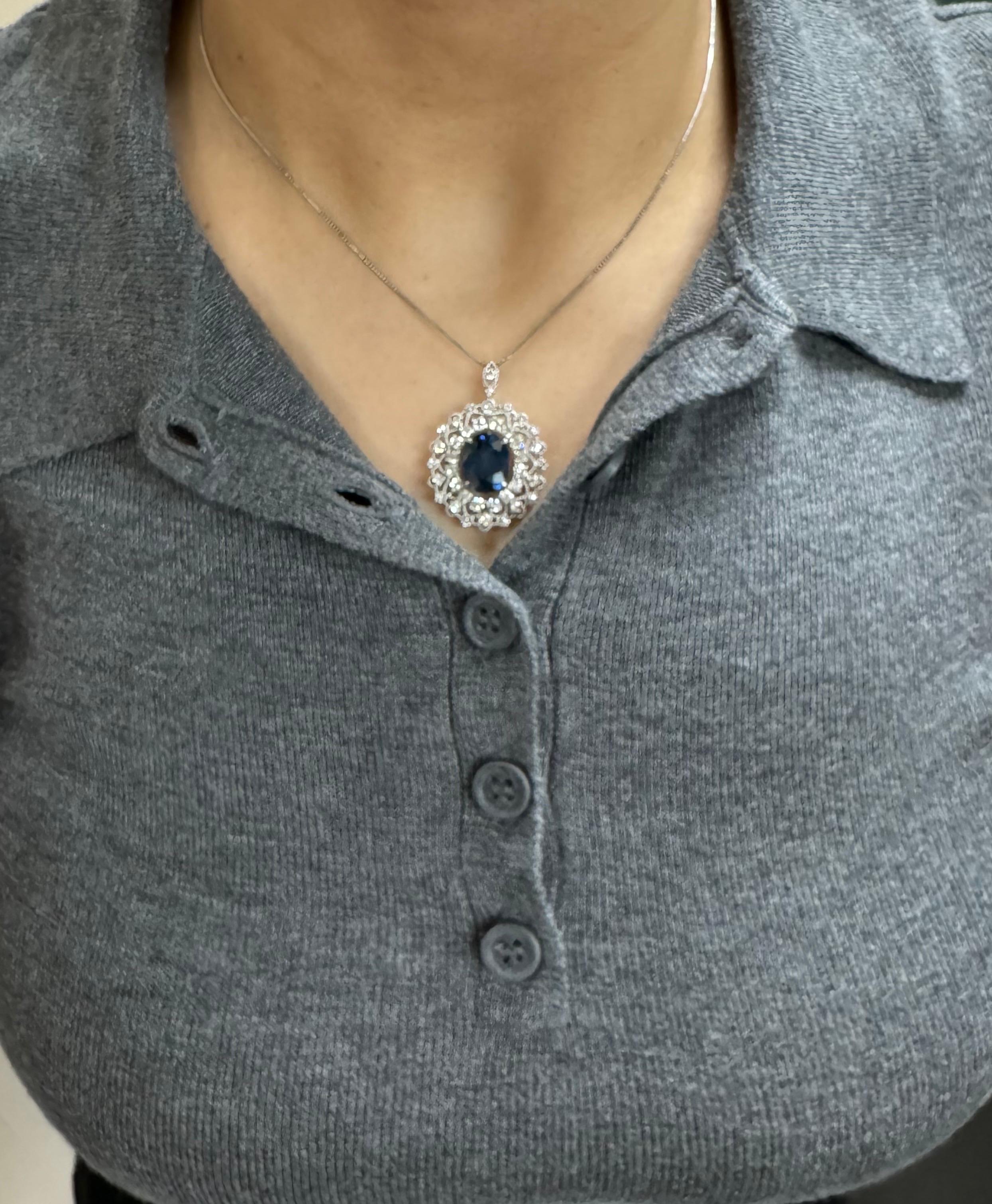 Oval Cut GIA Certified 6.03 Carat Oval Blue Sapphire Platinum Diamond Necklace For Sale