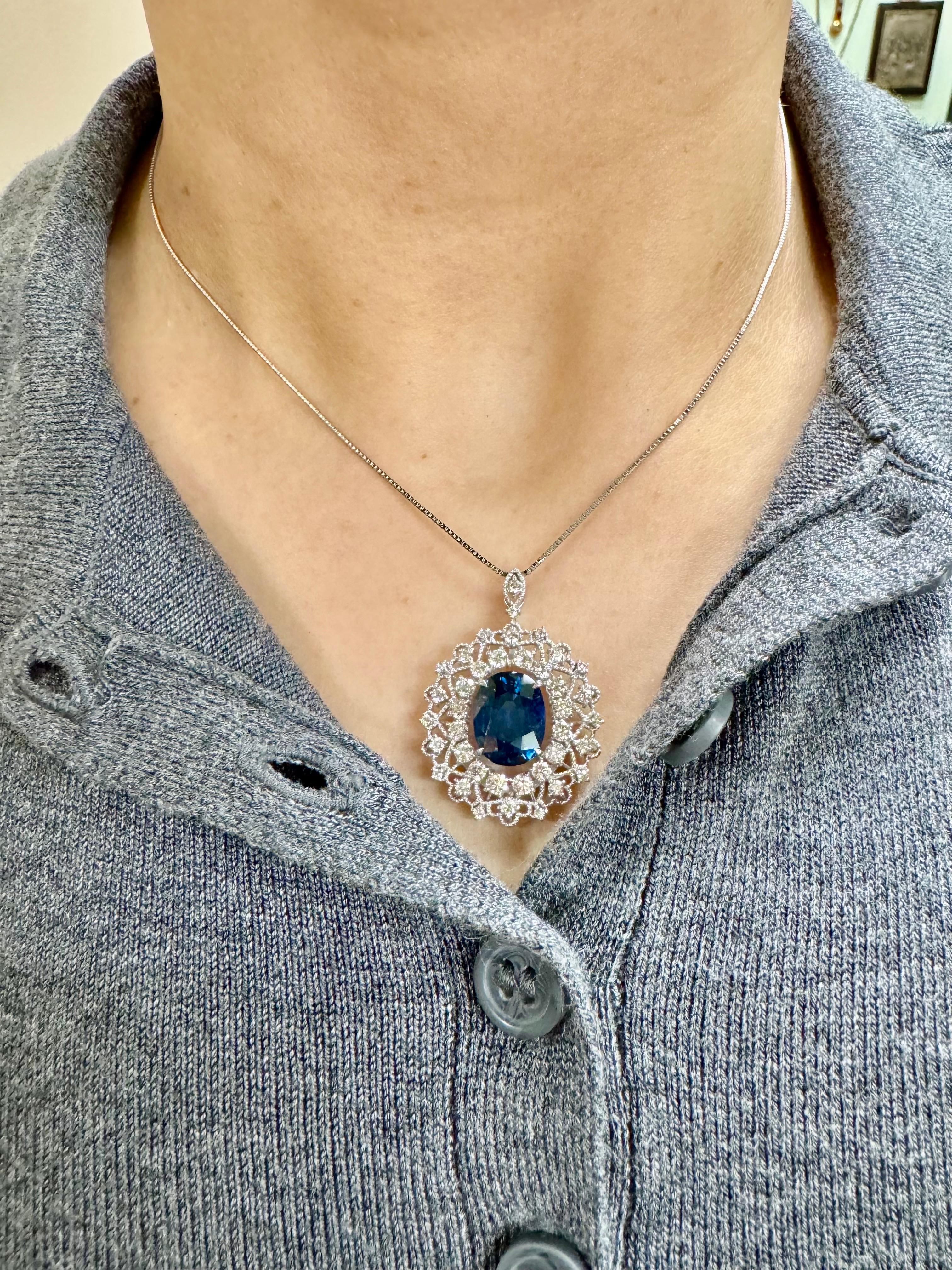 GIA Certified 6.03 Carat Oval Blue Sapphire Platinum Diamond Necklace In New Condition For Sale In Los Angeles, CA