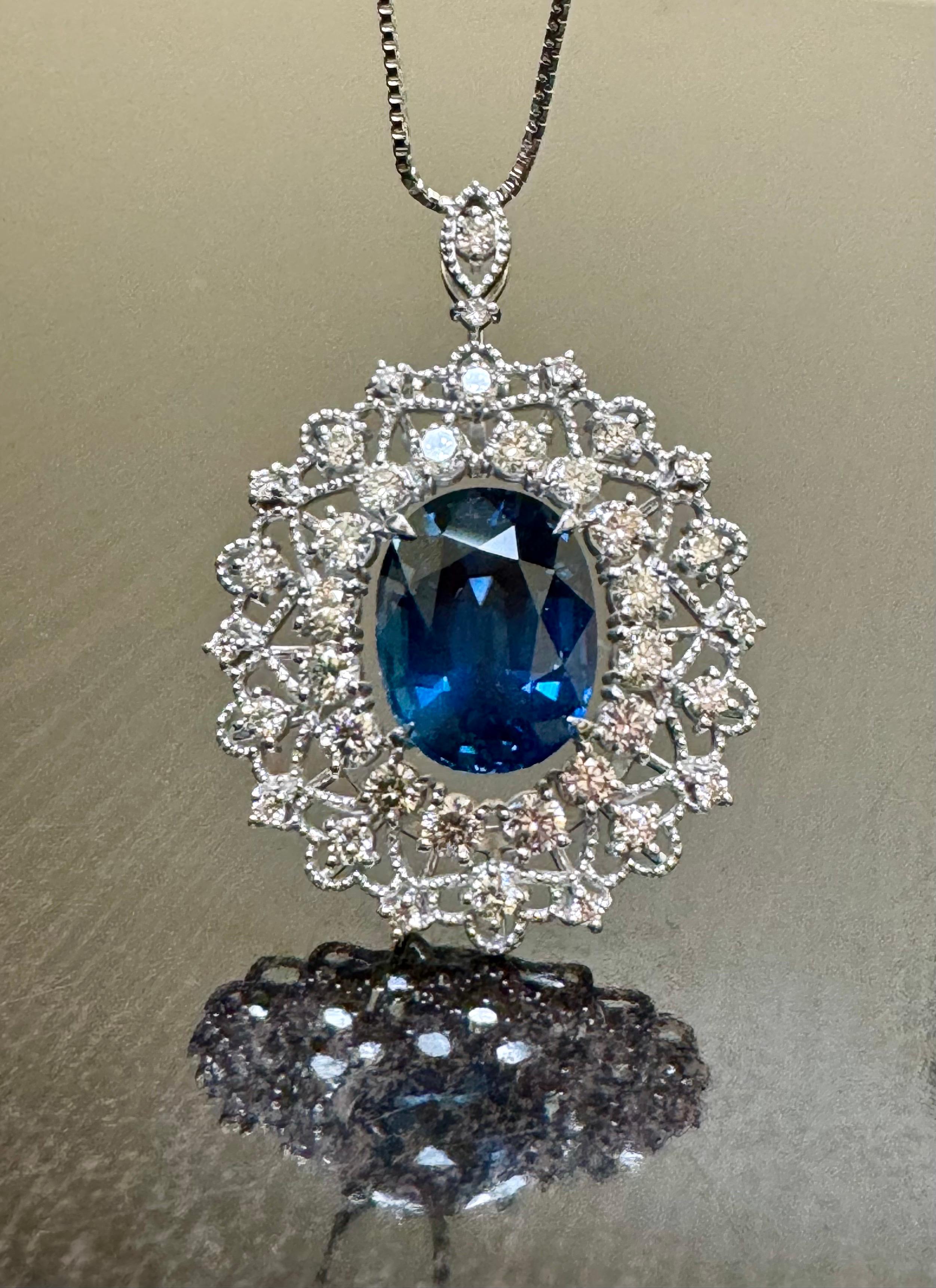 GIA Certified 6.03 Carat Oval Blue Sapphire Platinum Diamond Necklace For Sale 1