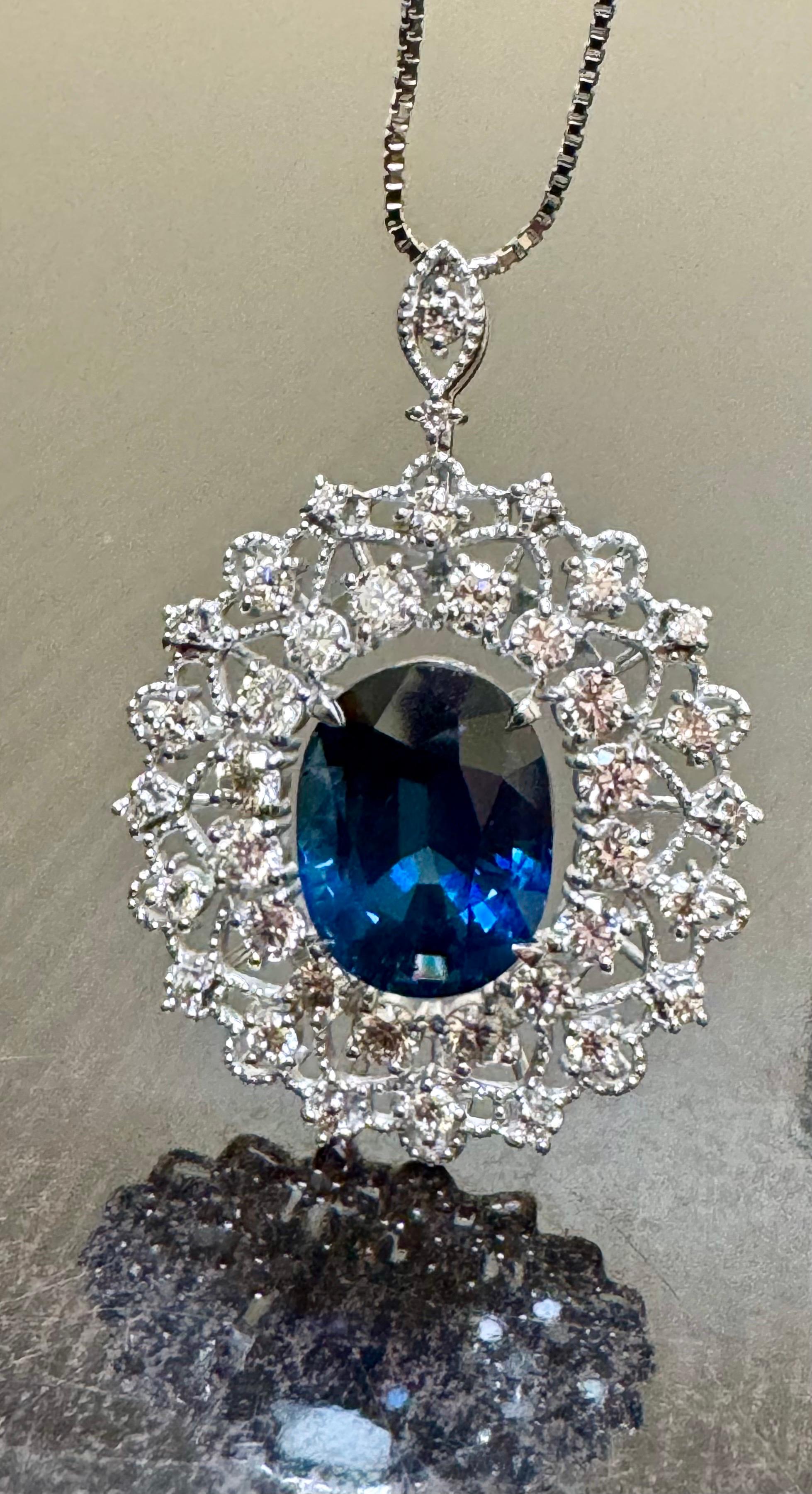 GIA Certified 6.03 Carat Oval Blue Sapphire Platinum Diamond Necklace For Sale 2