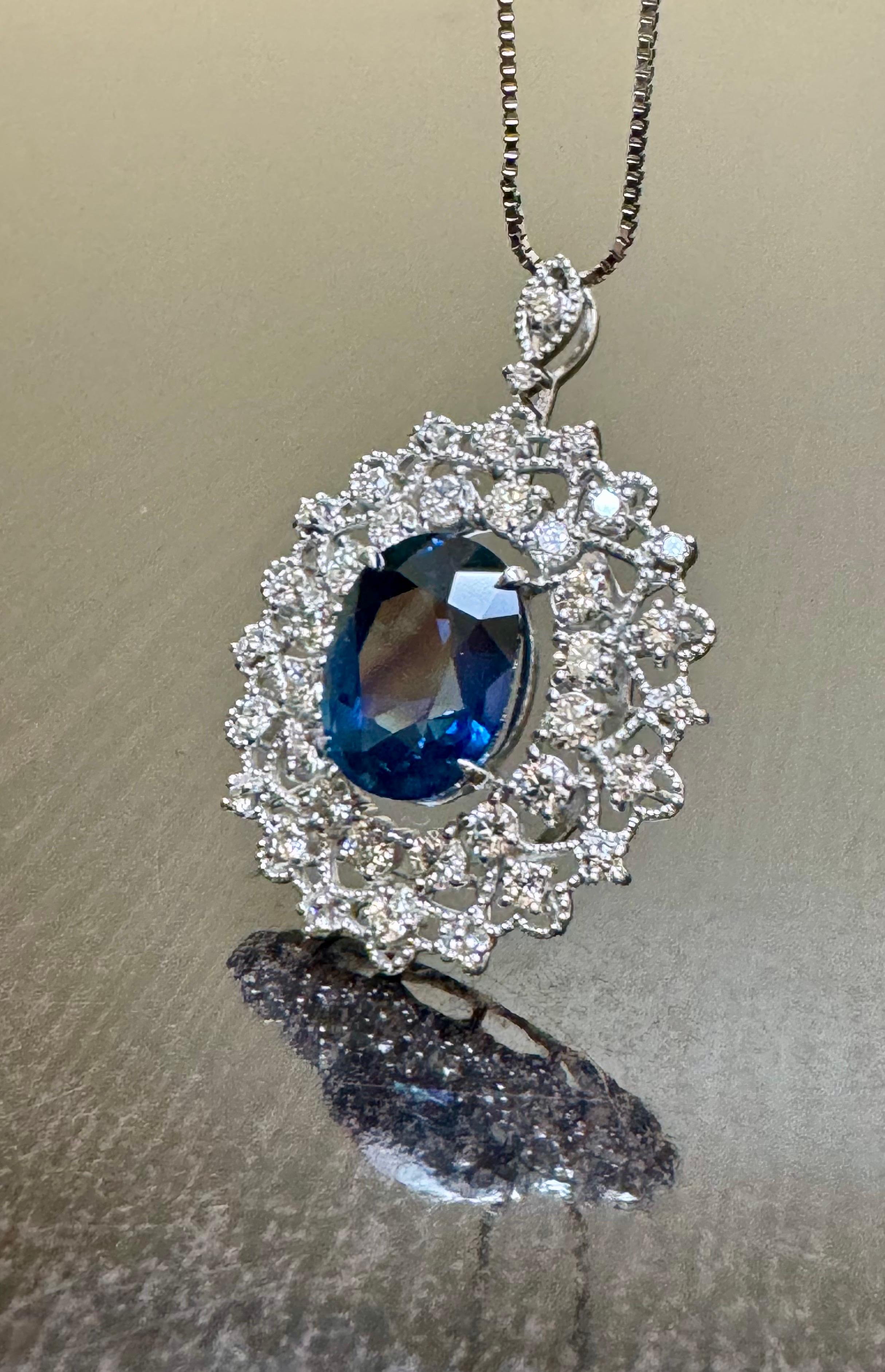 GIA Certified 6.03 Carat Oval Blue Sapphire Platinum Diamond Necklace For Sale 3