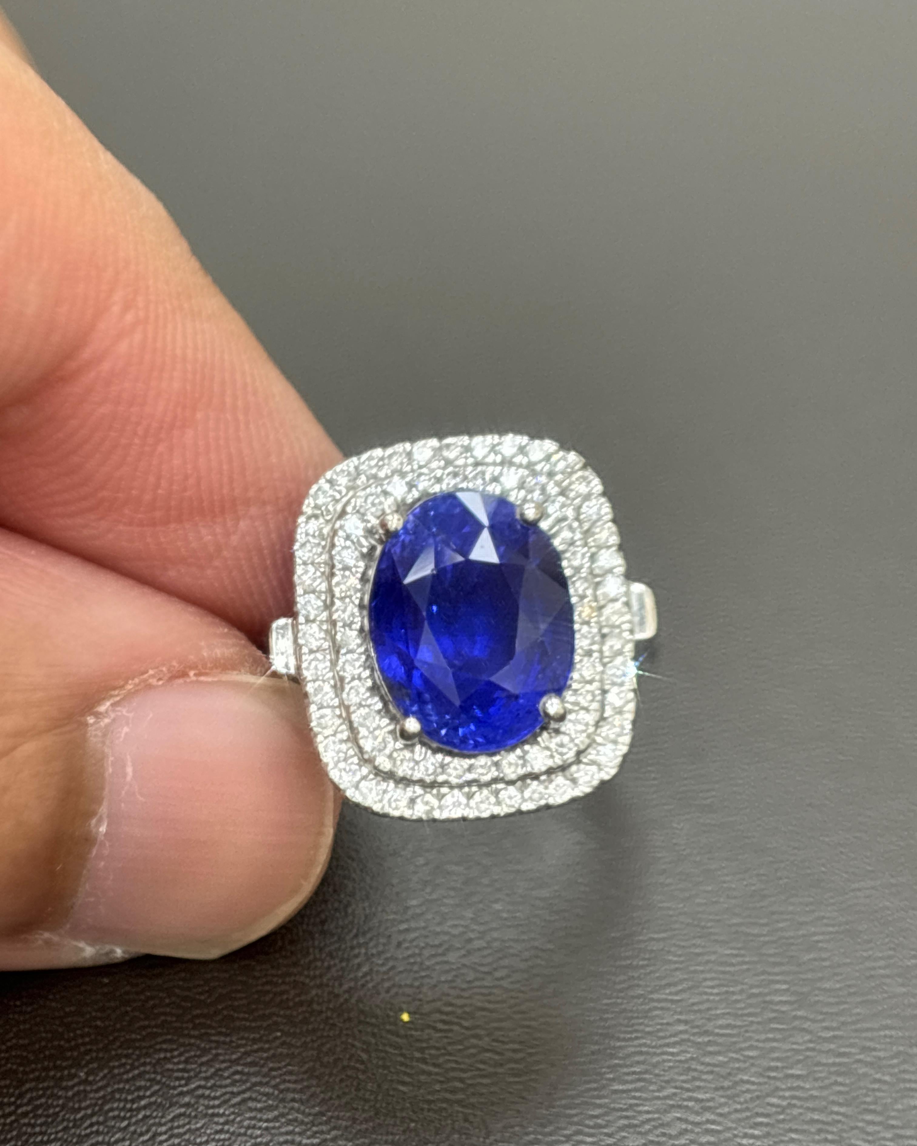 GIA zertifiziert 6,04 Karat Ceylon No Heat Blauer Saphir Weißer Diamant Gold Ring im Angebot 8
