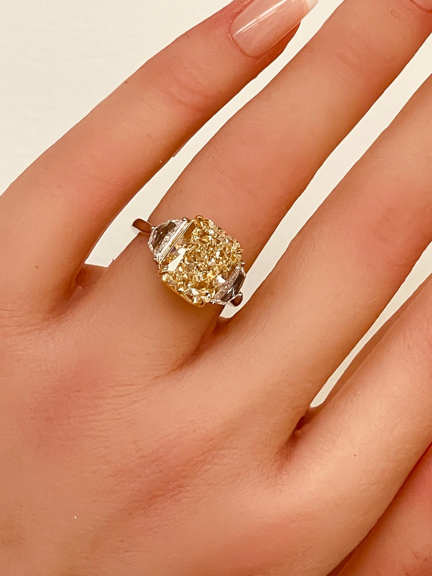 GIA Certified 6.04 Ct. Radiant Cut W-X Yellow & Half Moon Diamond in 18KG & PT. 3